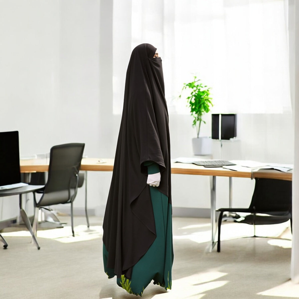 Bashariya Black Color Long Prayer Khimar Hijab with Attached Mouthpiece|Short Jilbab | Ready-to-Wear with Tie-Back Design in Firdaus Fabric