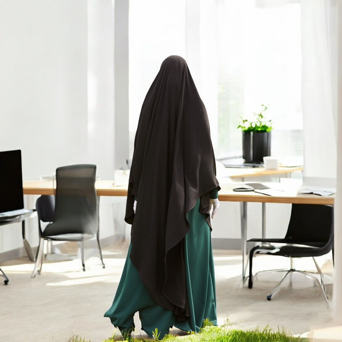 Bashariya Black Color Long Prayer Khimar Hijab with Attached Mouthpiece|Short Jilbab | Ready-to-Wear with Tie-Back Design in Firdaus Fabric