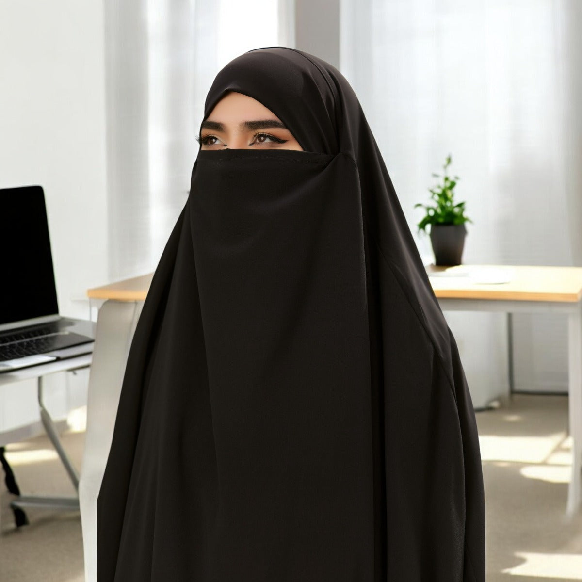 Bashariya Black Color Long Prayer Khimar Hijab with Attached Mouthpiece|Short Jilbab