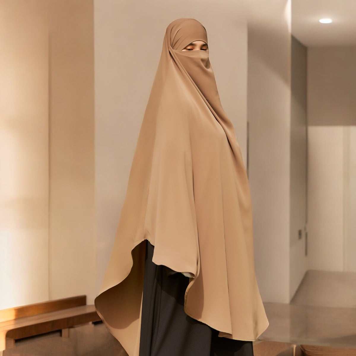 Bashariya Sand Color Long Prayer Khimar Hijab with Attached Mouthpiece|Short Jilbab