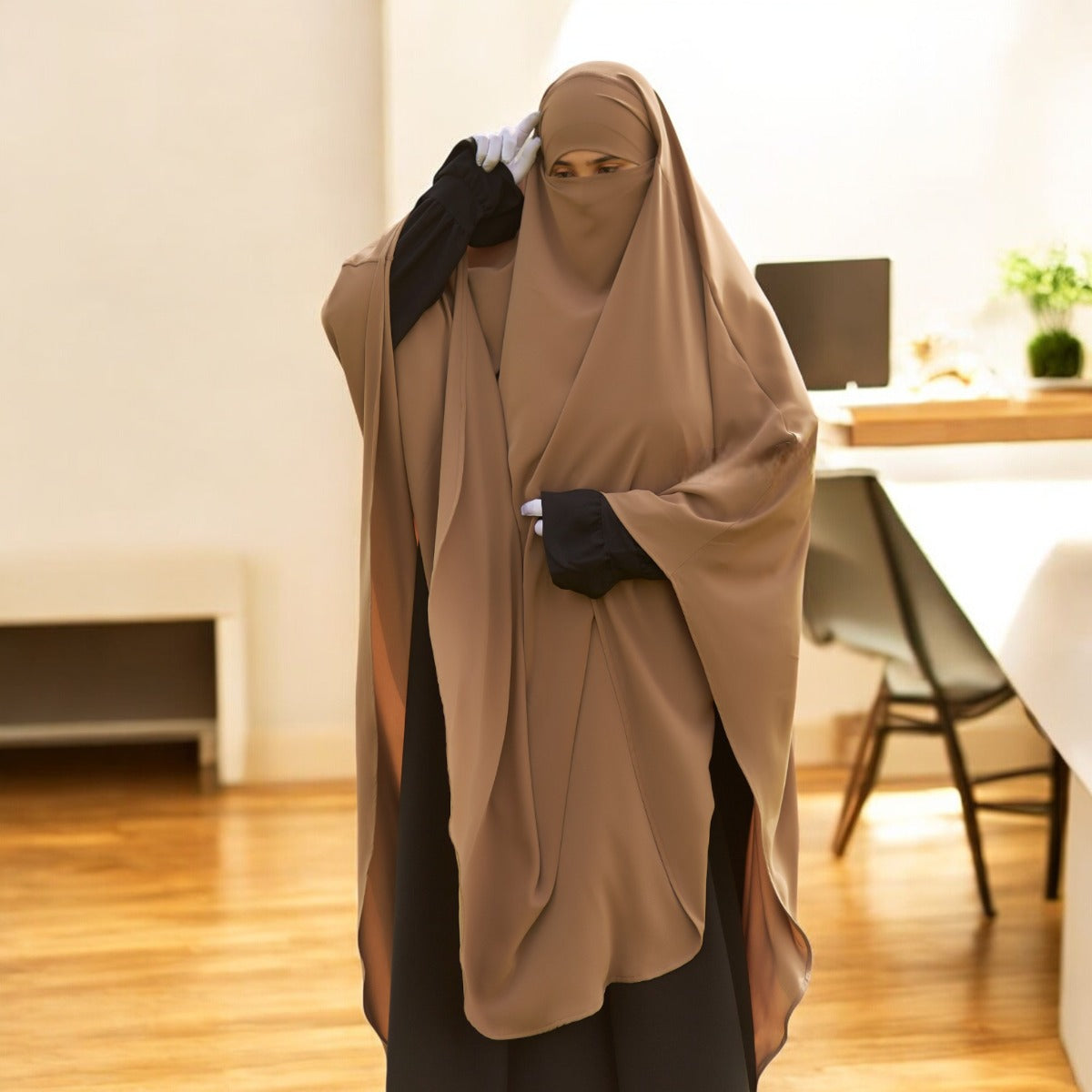 Bashariya Sand Color Long Prayer Khimar Hijab with Attached Mouthpiece|Short Jilbab
