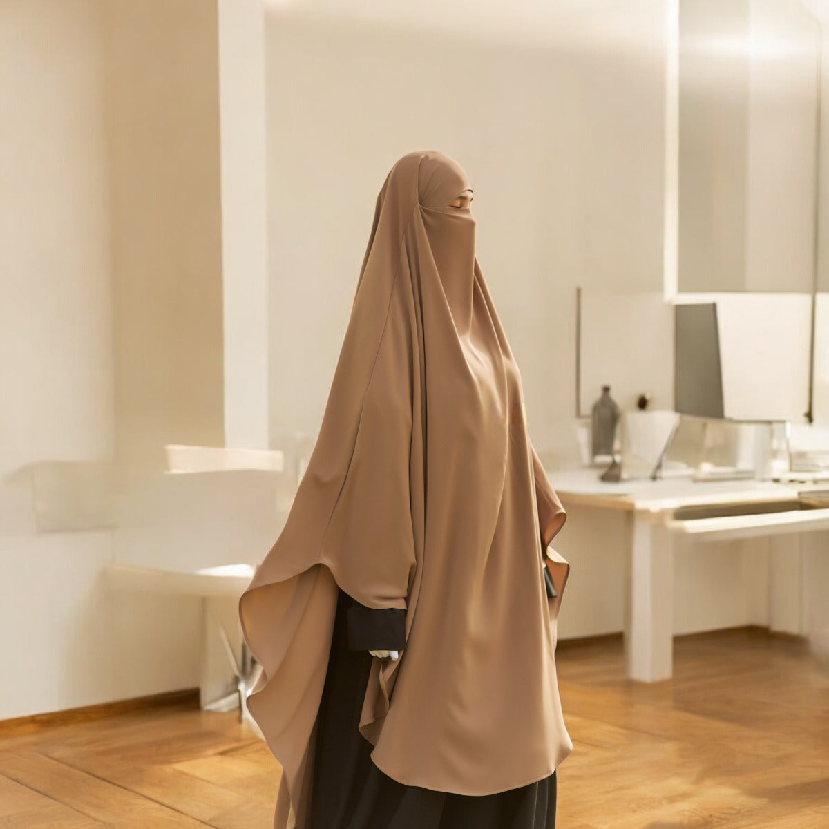 Bashariya Sand Color Long Prayer Khimar Hijab with Attached Mouthpiece|Short Jilbab