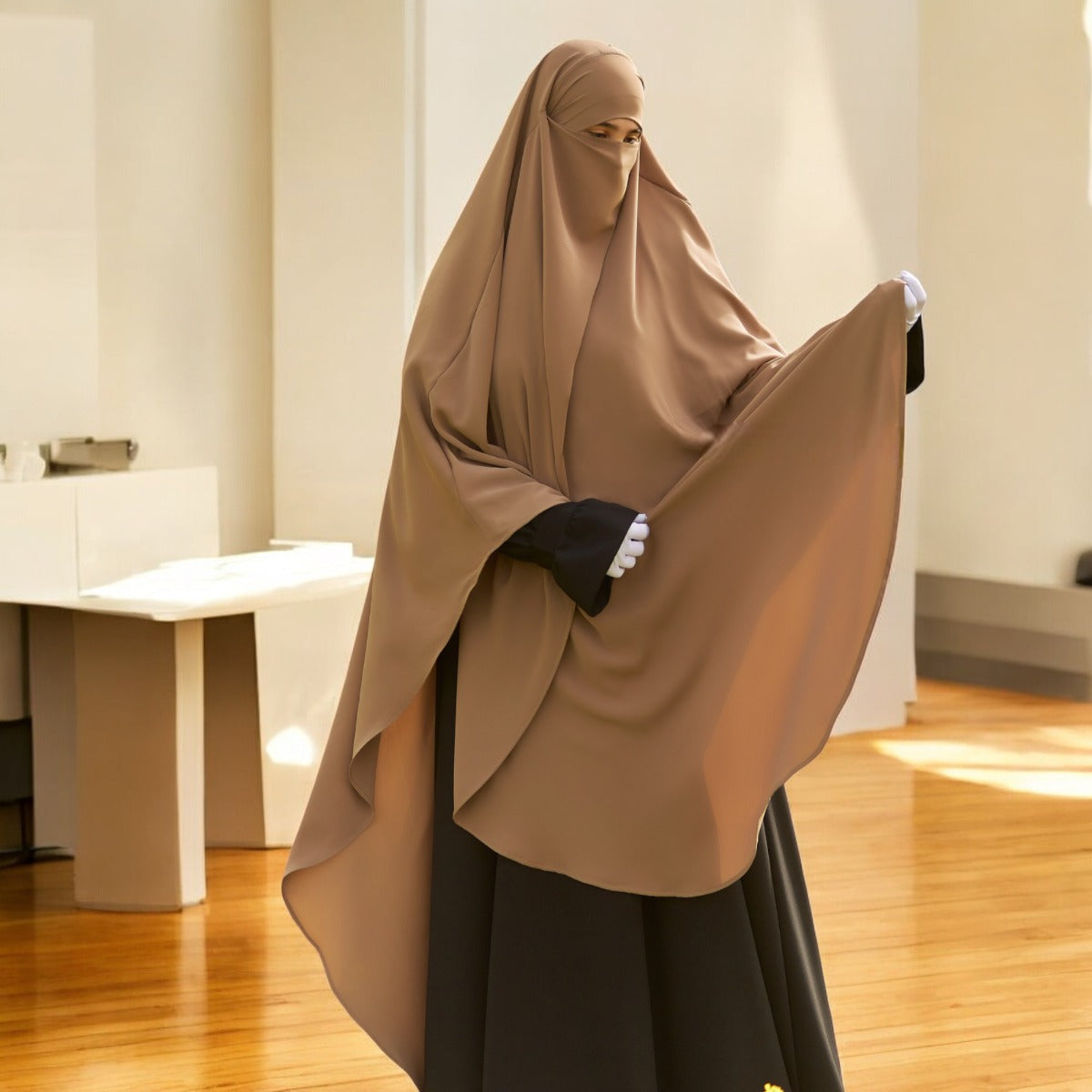 Bashariya Sand Color Long Prayer Khimar Hijab with Attached Mouthpiece|Short Jilbab