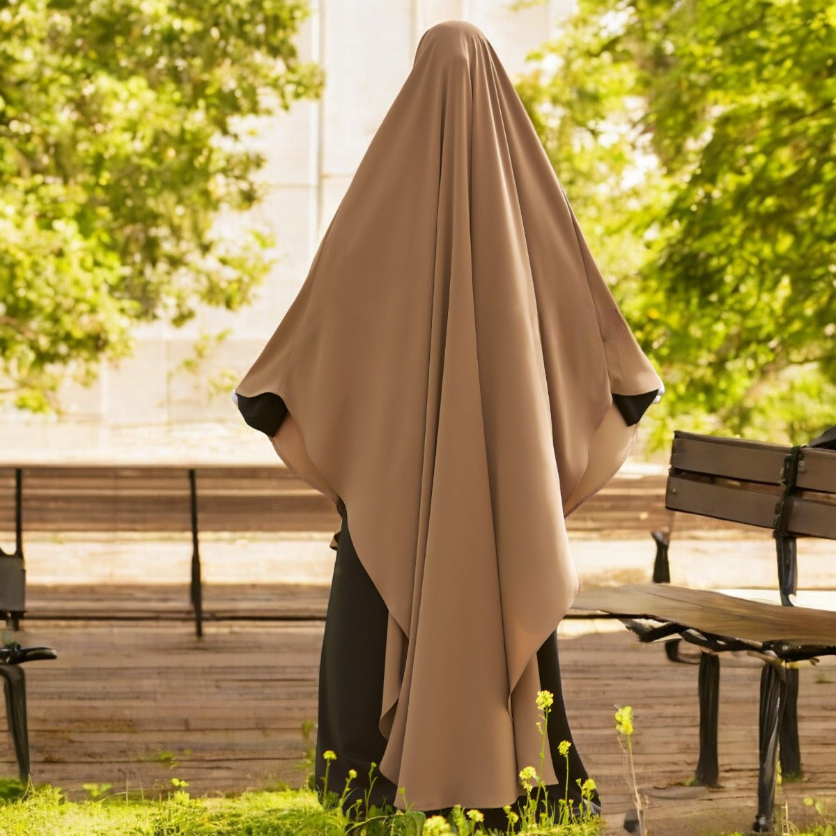 Bashariya Sand Color Long Prayer Khimar Hijab with Attached Mouthpiece|Short Jilbab