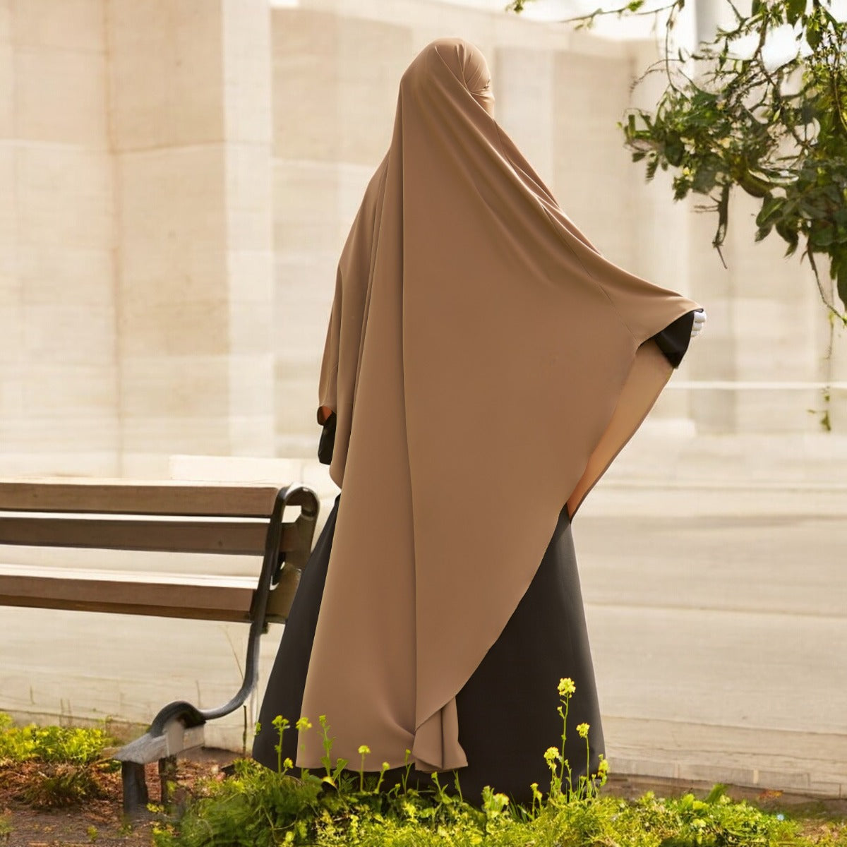 Bashariya Sand Color Long Prayer Khimar Hijab with Attached Mouthpiece|Short Jilbab