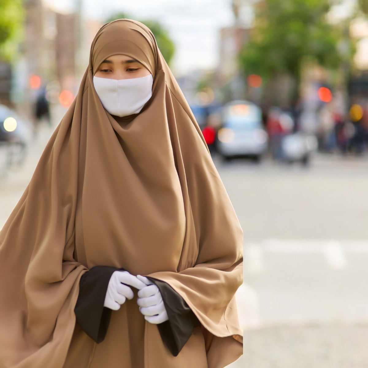 Bashariya Sand Color Long Prayer Khimar Hijab with Attached Mouthpiece|Short Jilbab