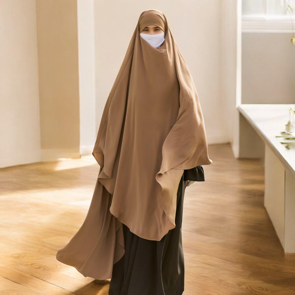 Bashariya Sand Color Long Prayer Khimar Hijab with Attached Mouthpiece|Short Jilbab