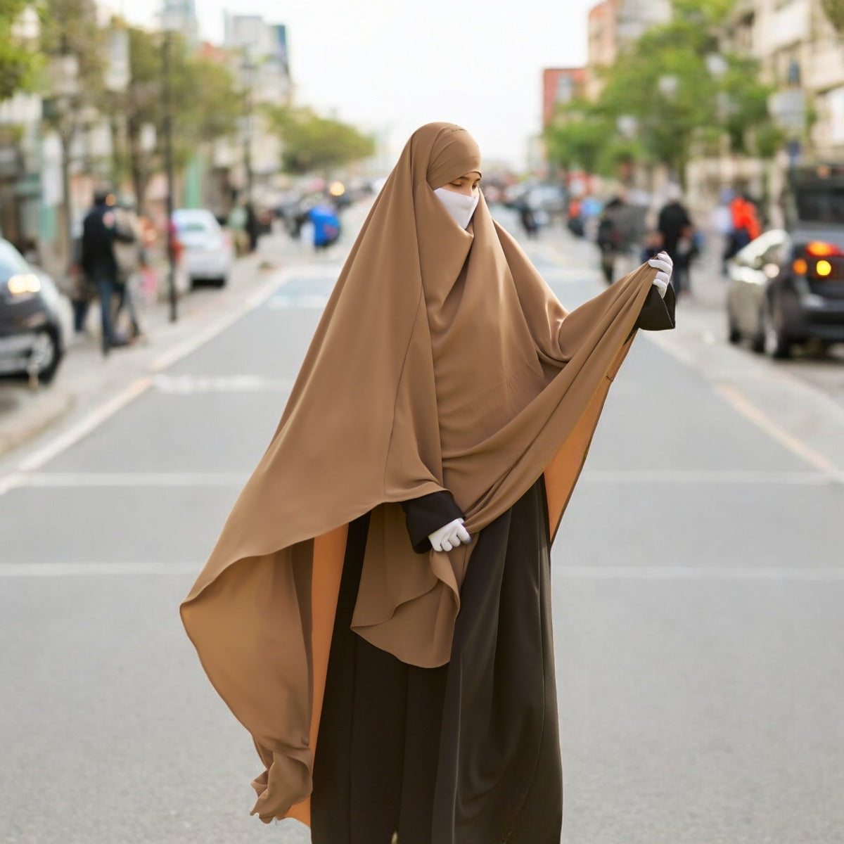 Bashariya Sand Color Long Prayer Khimar Hijab with Attached Mouthpiece|Short Jilbab
