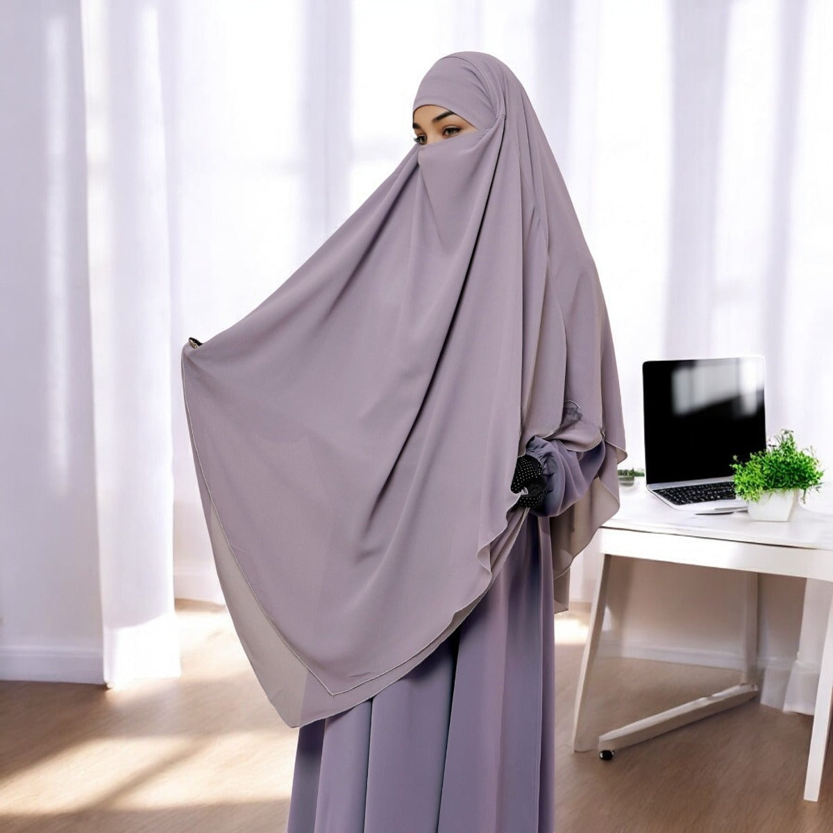 Bashariya Stone Grey Color Three-Layer Triangular Long Prayer Khimar Hijab with Attached Mouthpiece|Short Jilbab | Ready-to-Wear with Tie-Back Design in Georgette Fabric