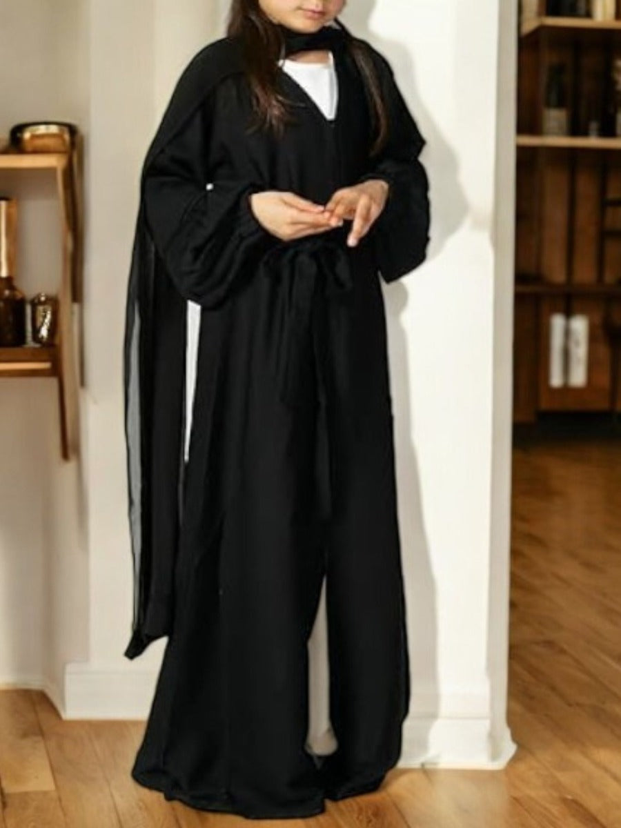 Three-Piece Abaya Set with Cardigan, Hijab, and Belt