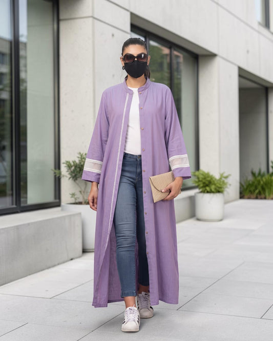 Front-Open Cotton Abaya Shirt with Mandarin Collar & Lacework