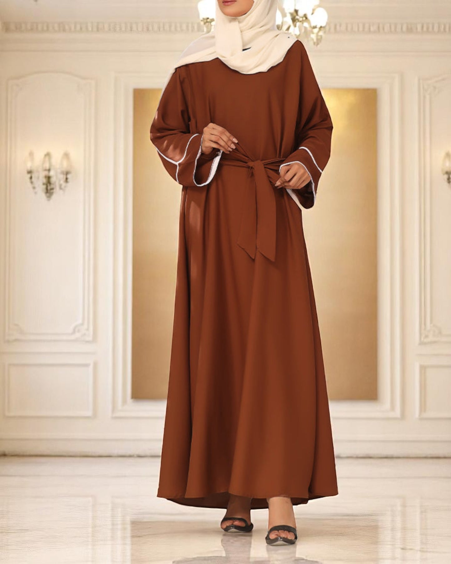 A-Line Fit Abaya with Flared Sleeves, Contrast Piping, Belt & Hijab