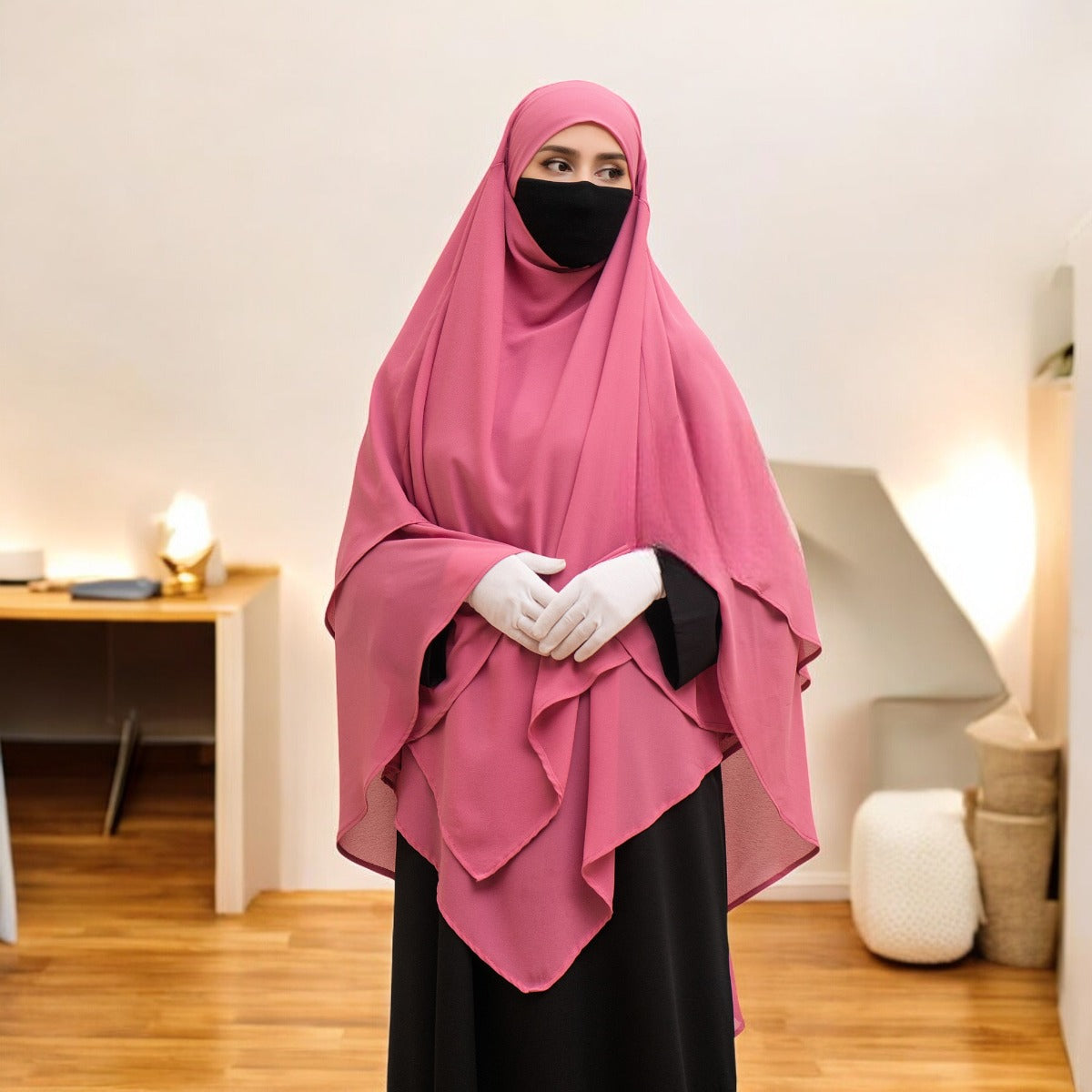 Bashariya Pink Color Two-Layer Triangle Prayer Khimar Hijab with Attached Mouthpiece | Ready-to-Wear with Tie-Back Design in Soft Georgette Fabric Wear with Tie-Back Design in Soft Georgette Fabric