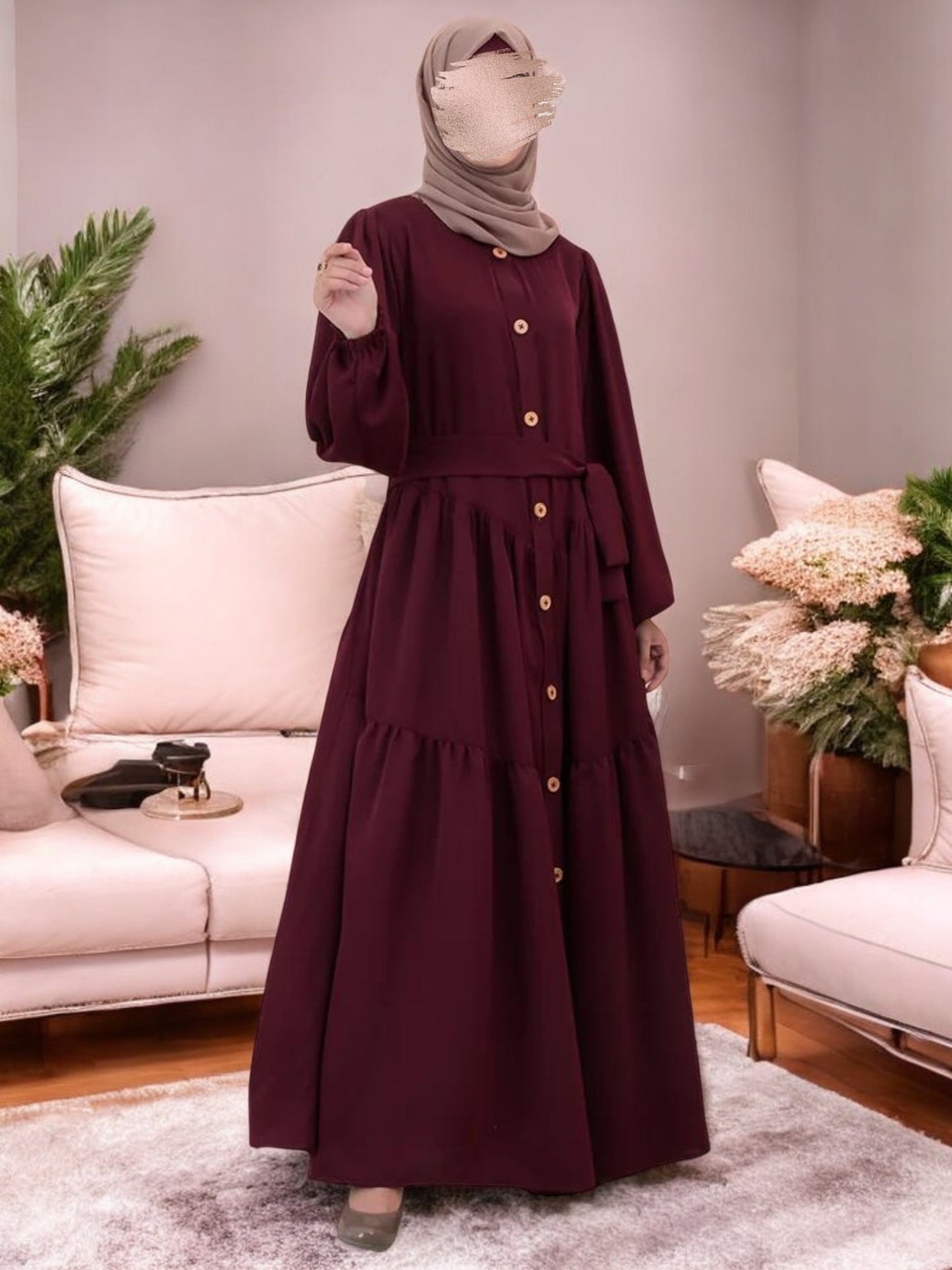 Multi-Tiered Abaya with Wooden Buttons and Elasticated Sleeves