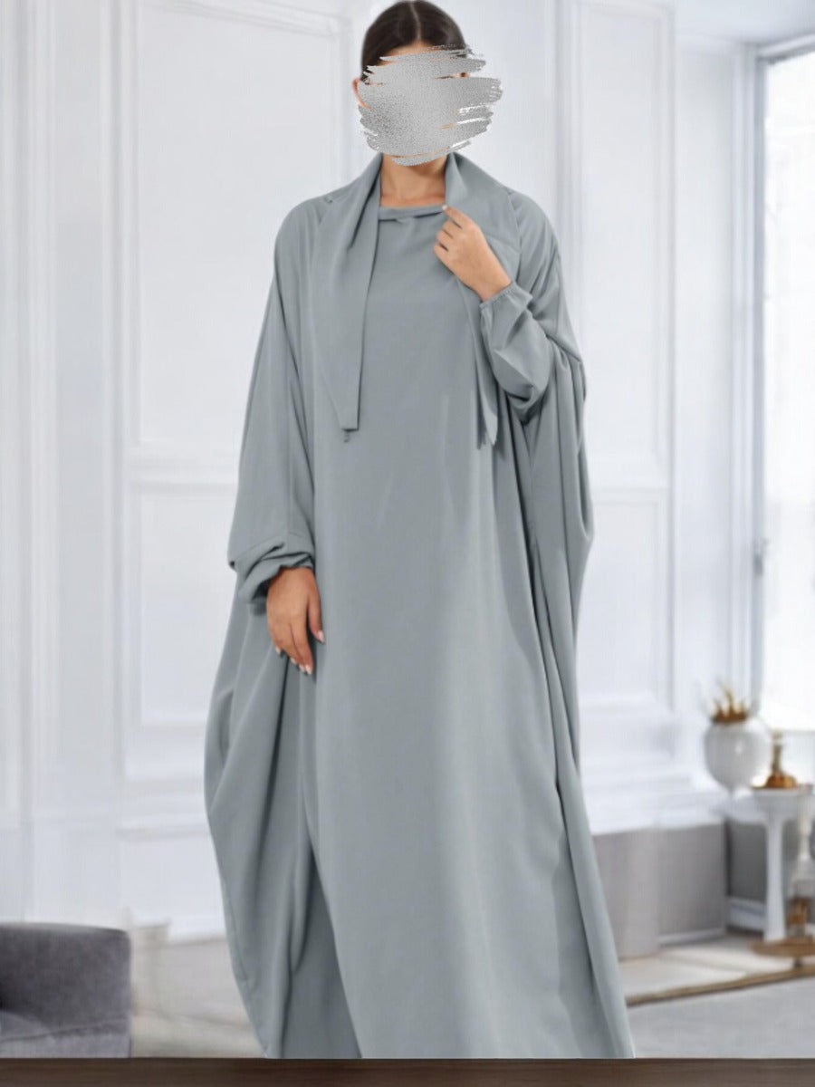 Designer Kaftan Abaya in Luxurious Firdaus Fabric with Elasticated Sleeves and Attached Scarf