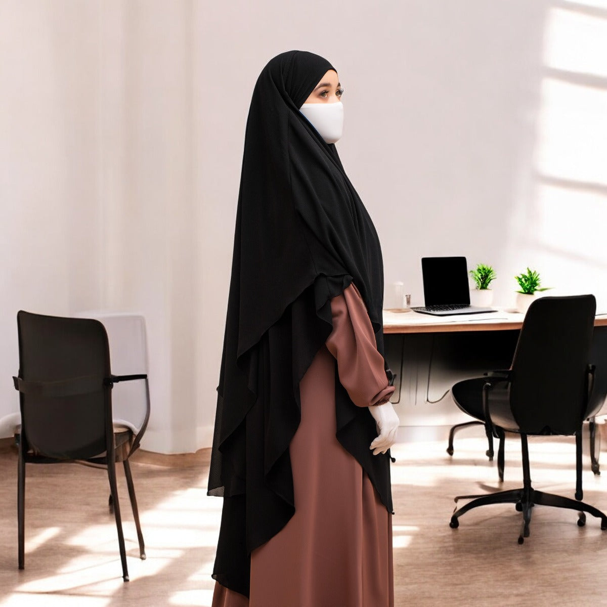 Bashariya Black Color Two-Layer Triangle Prayer Khimar Hijab with Attached Mouthpiece | Ready-to-Wear with Tie-Back Design in Soft Georgette Fabric