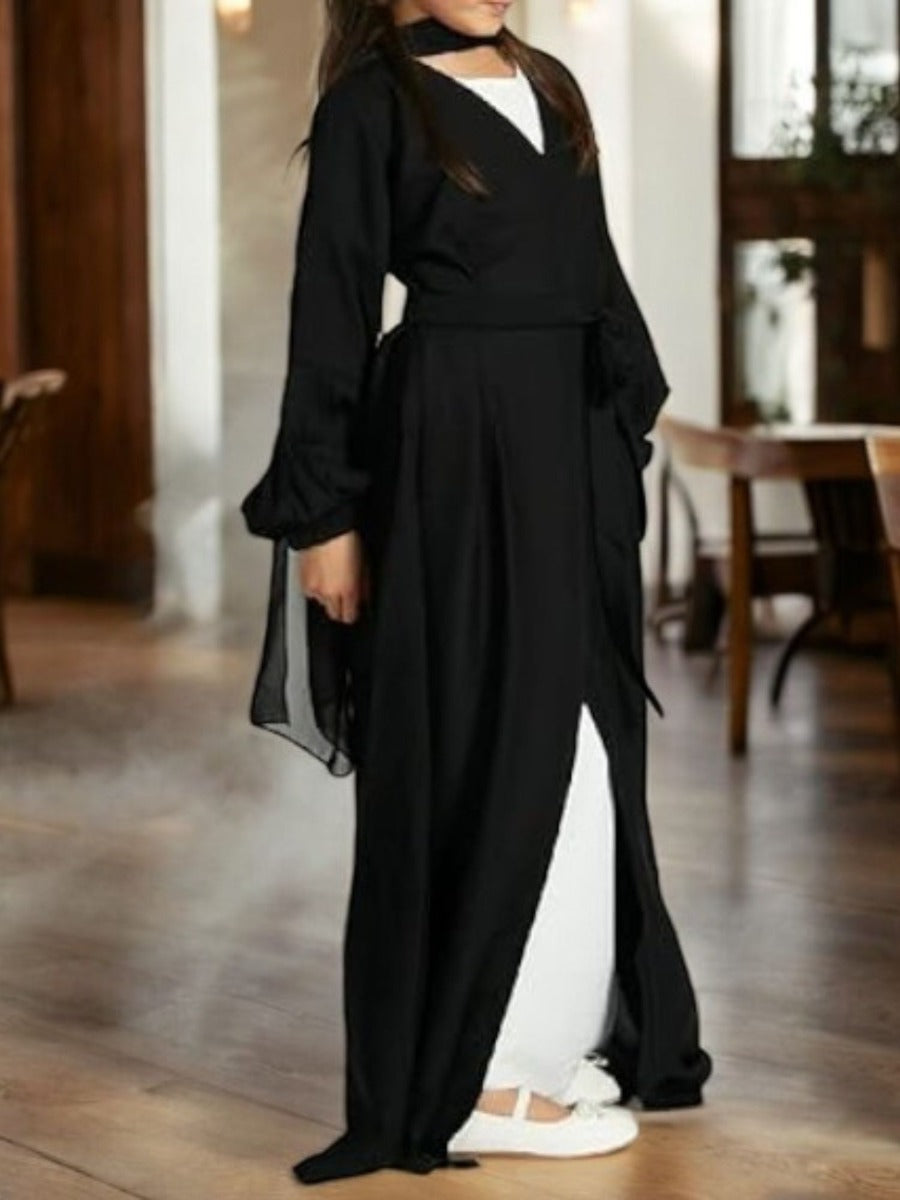 Three-Piece Abaya Set with Cardigan, Hijab, and Belt