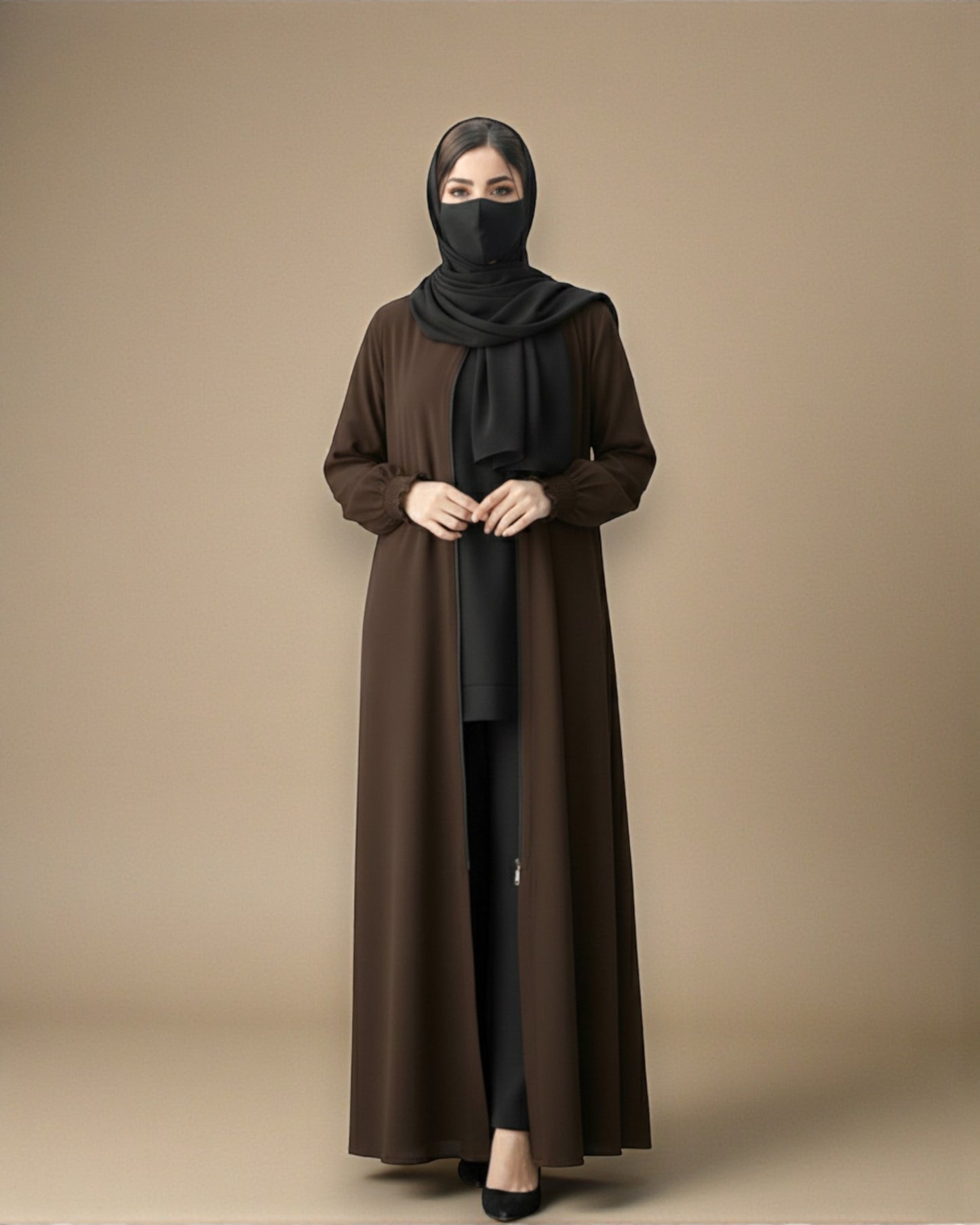 Front Open Abaya with Zipper Opening, Umbrella Flare and Matching Belt