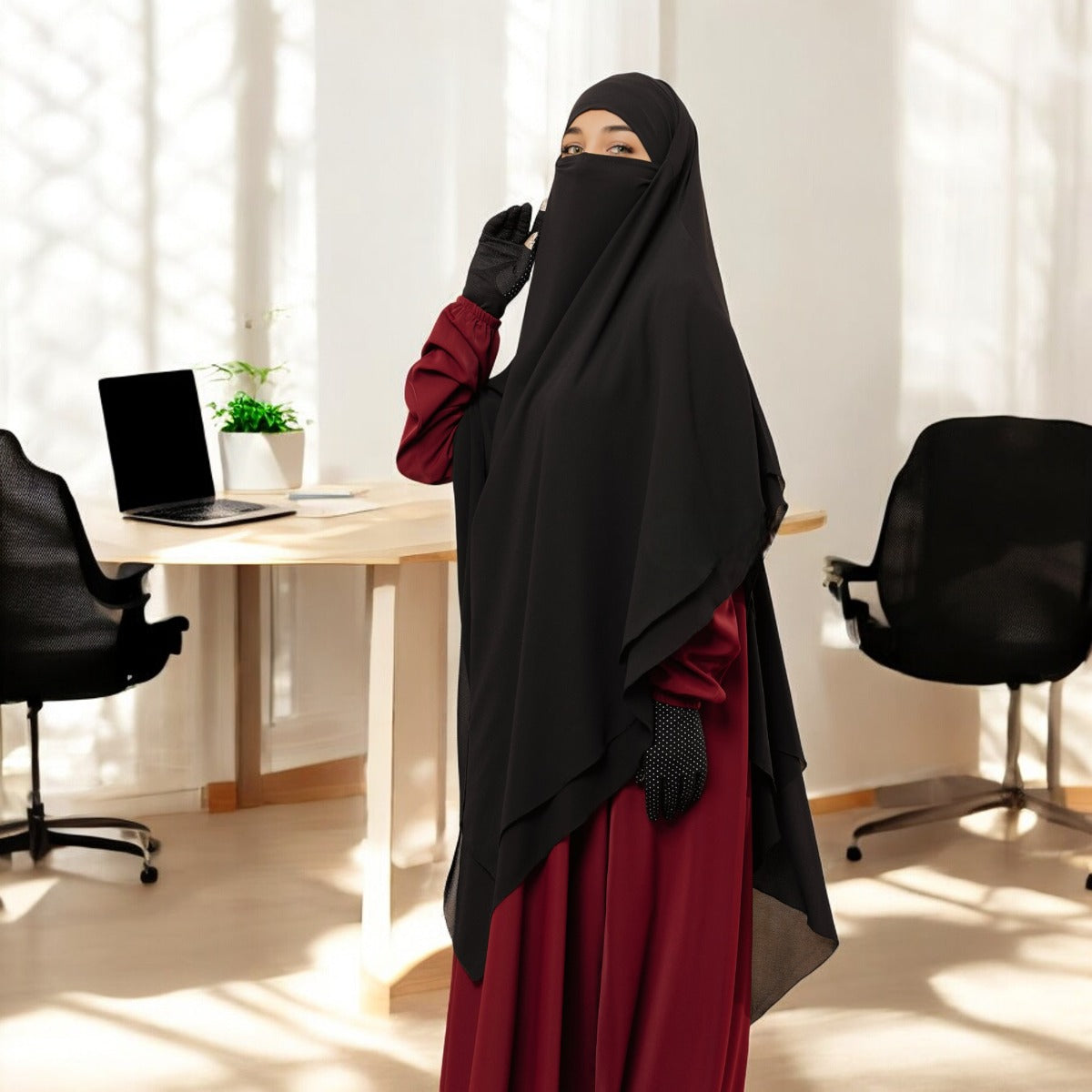 Bashariya Black Color Three-Layer Triangular Long Prayer Khimar Hijab with Attached Mouthpiece|Short Jilbab