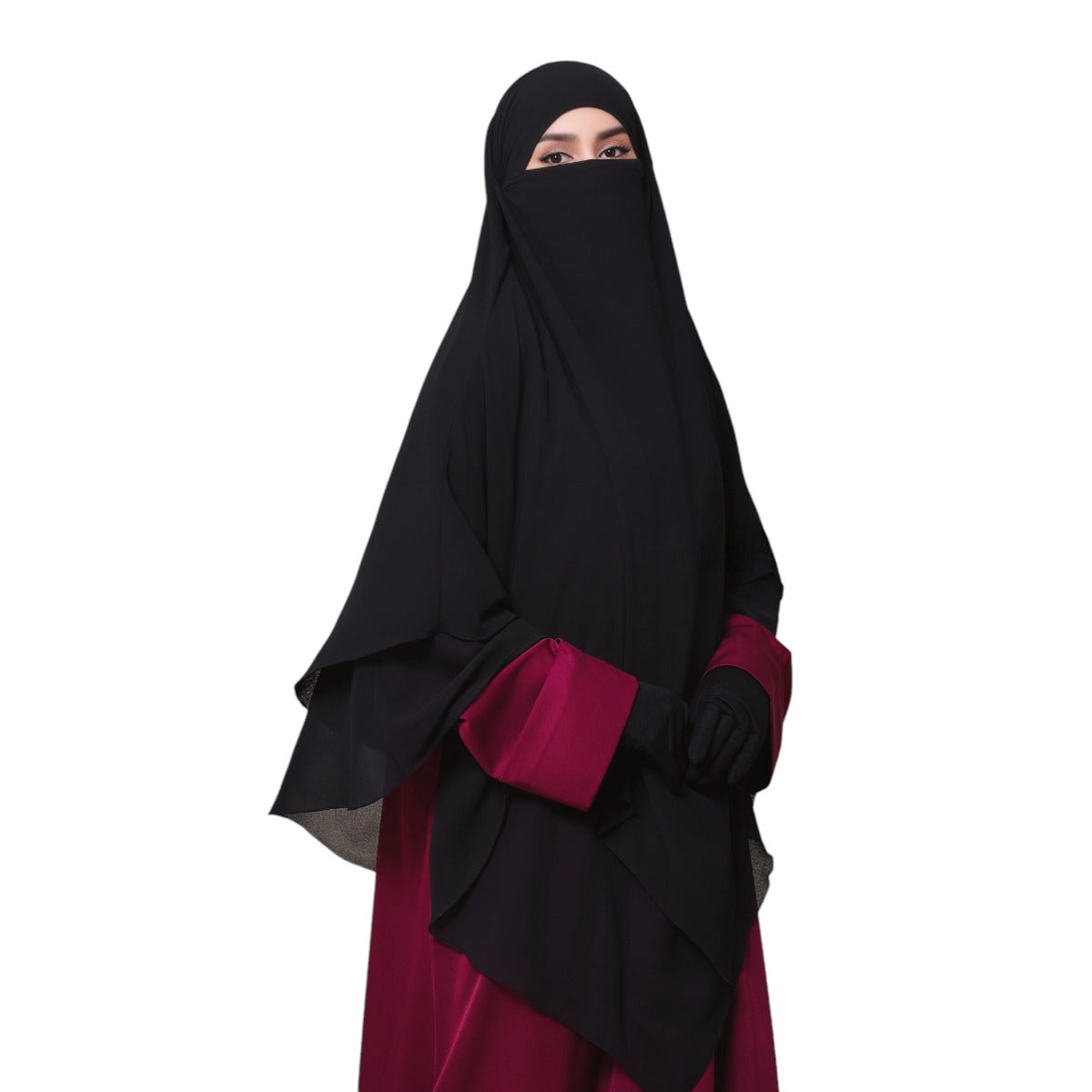 Bashariya Black Color Three-Layer Triangular Long Prayer Khimar Hijab with Attached Mouthpiece|Short Jilbab