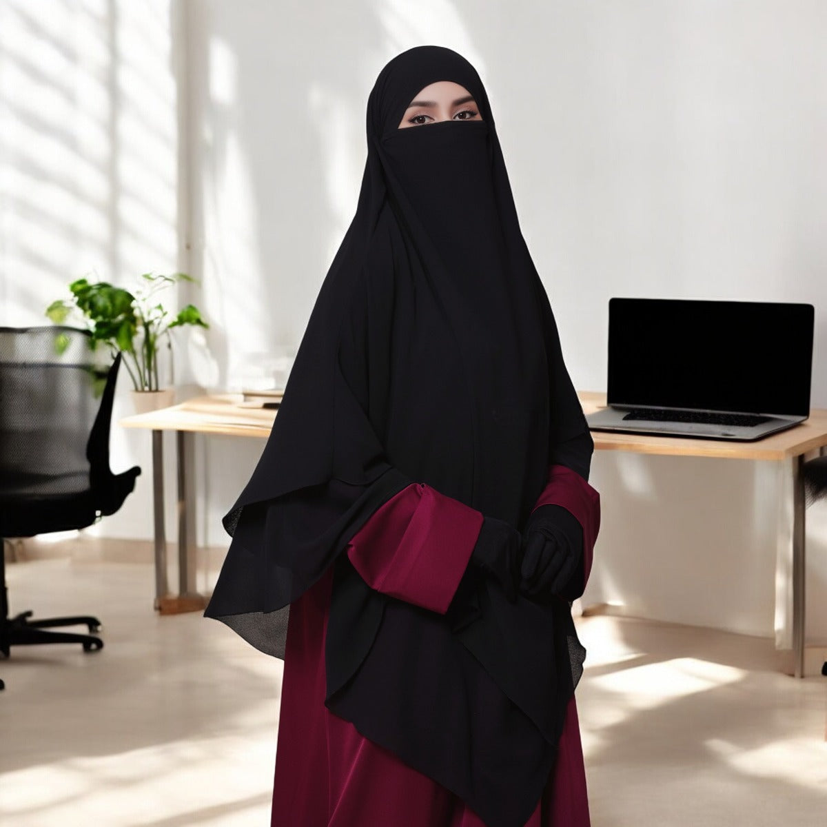 Bashariya Black Color Three-Layer Triangular Long Prayer Khimar Hijab with Attached Mouthpiece|Short Jilbab