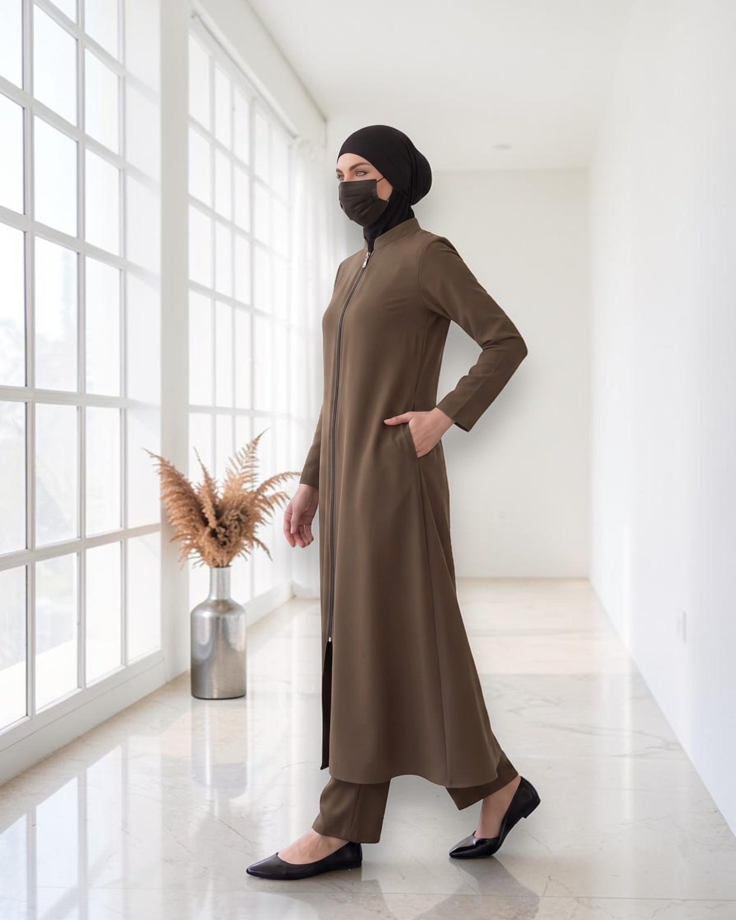 Modest Workwear Long Top with Hijab | Optional Pant |Taupe