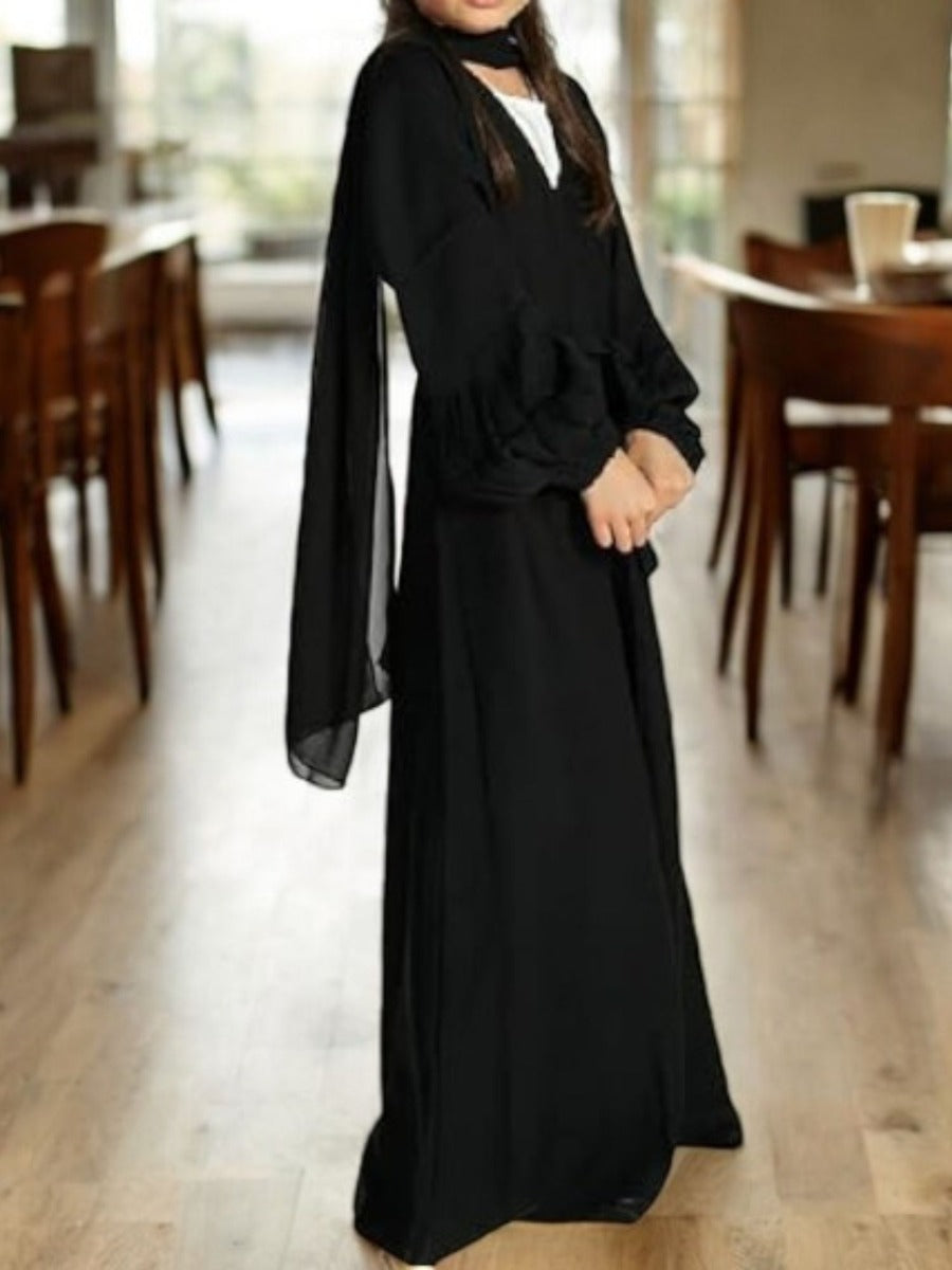 Three-Piece Abaya Set with Cardigan, Hijab, and Belt