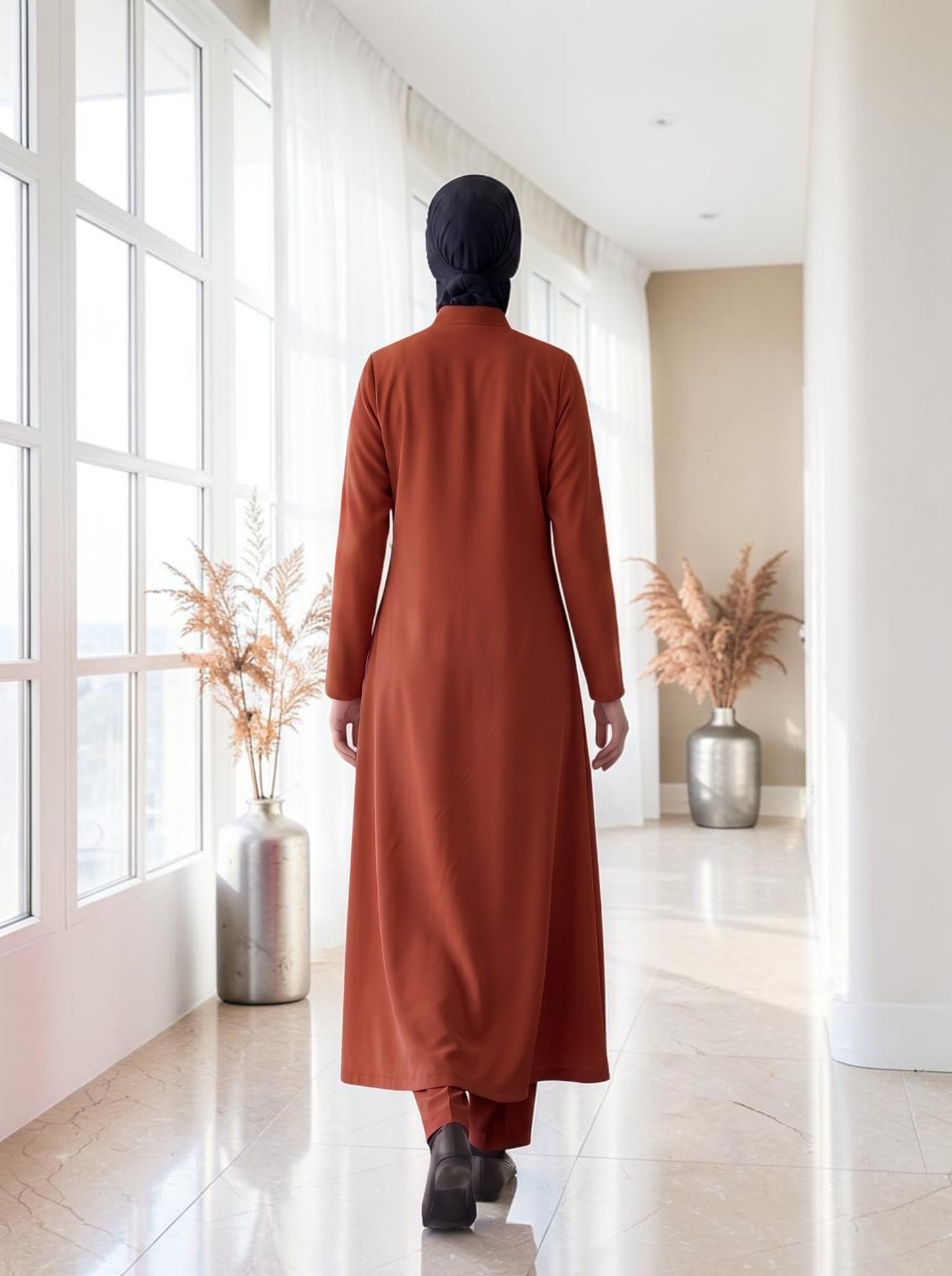 Modest Workwear Long Top with Hijab | Optional Pant |Deep Brick