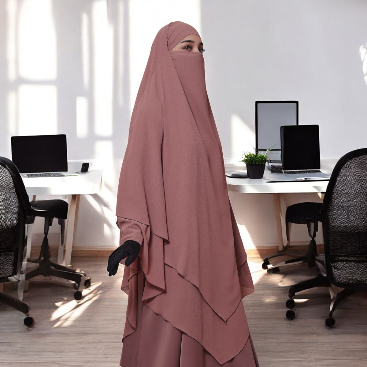 Bashariya Puce Pink Color Three-Layer Triangular Long Prayer Khimar Hijab with Attached Mouthpiece|Short Jilbab