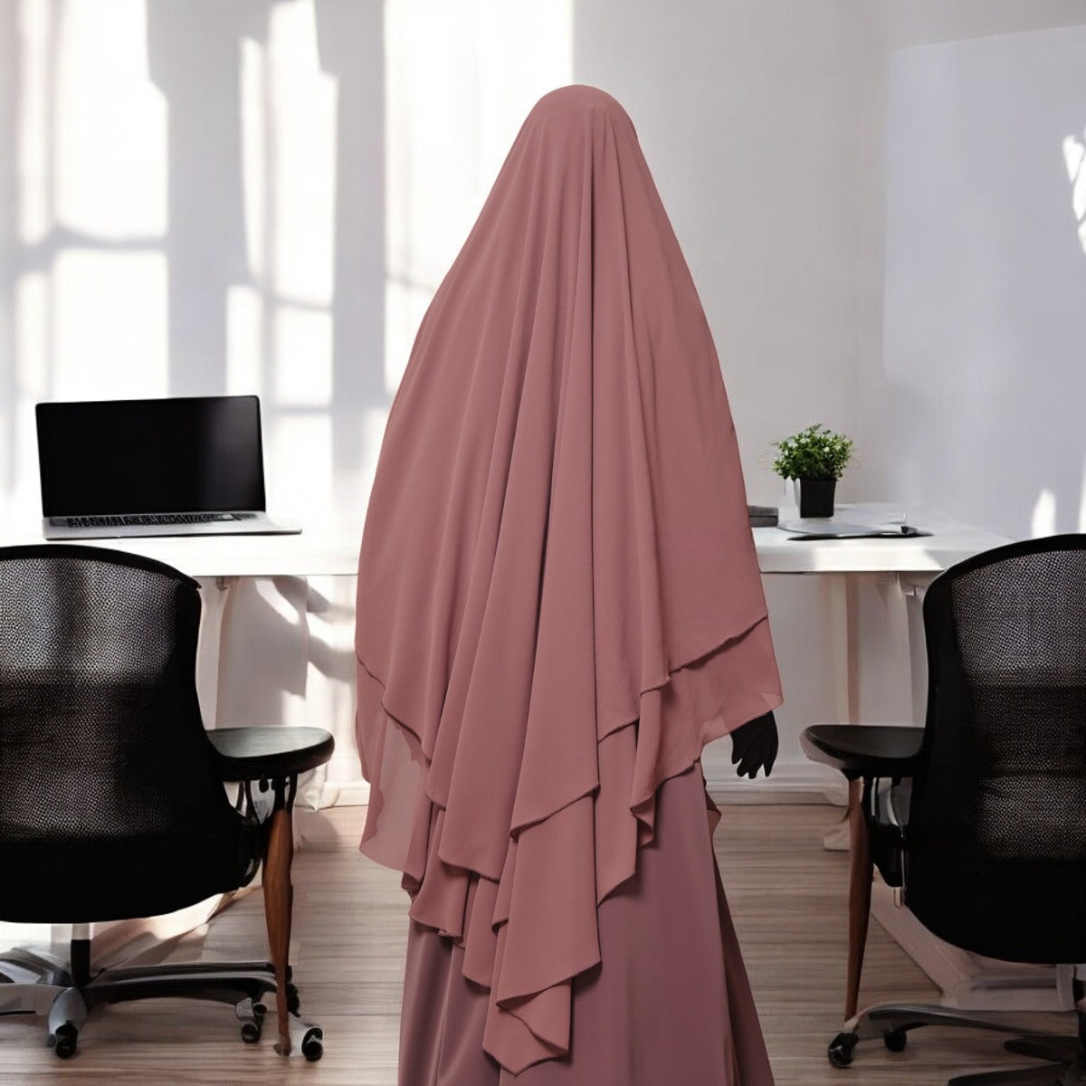Bashariya Puce Pink Color Three-Layer Triangular Long Prayer Khimar Hijab with Attached Mouthpiece|Short Jilbab