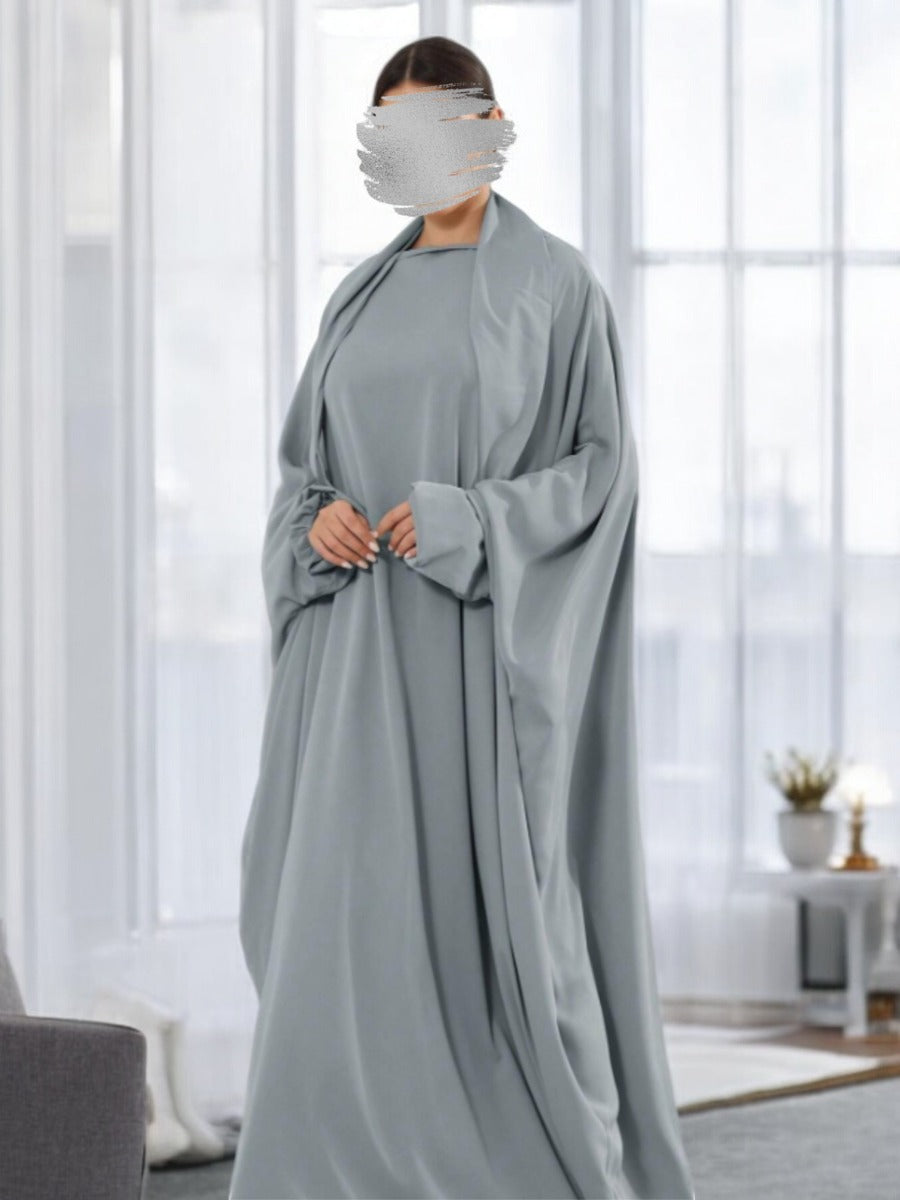 Designer Kaftan Abaya in Luxurious Firdaus Fabric with Elasticated Sleeves and Attached Scarf