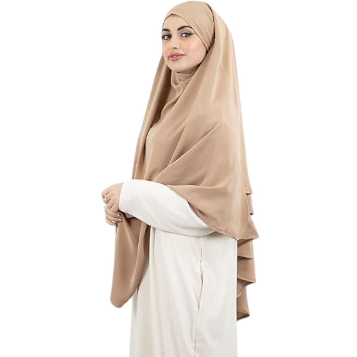 Bashariya Beige Color Two-Layer Triangle Prayer Hijab cum Naqab | Ready-to-Wear with Tie-Back Design in Firdaus Matte Finish Fabric