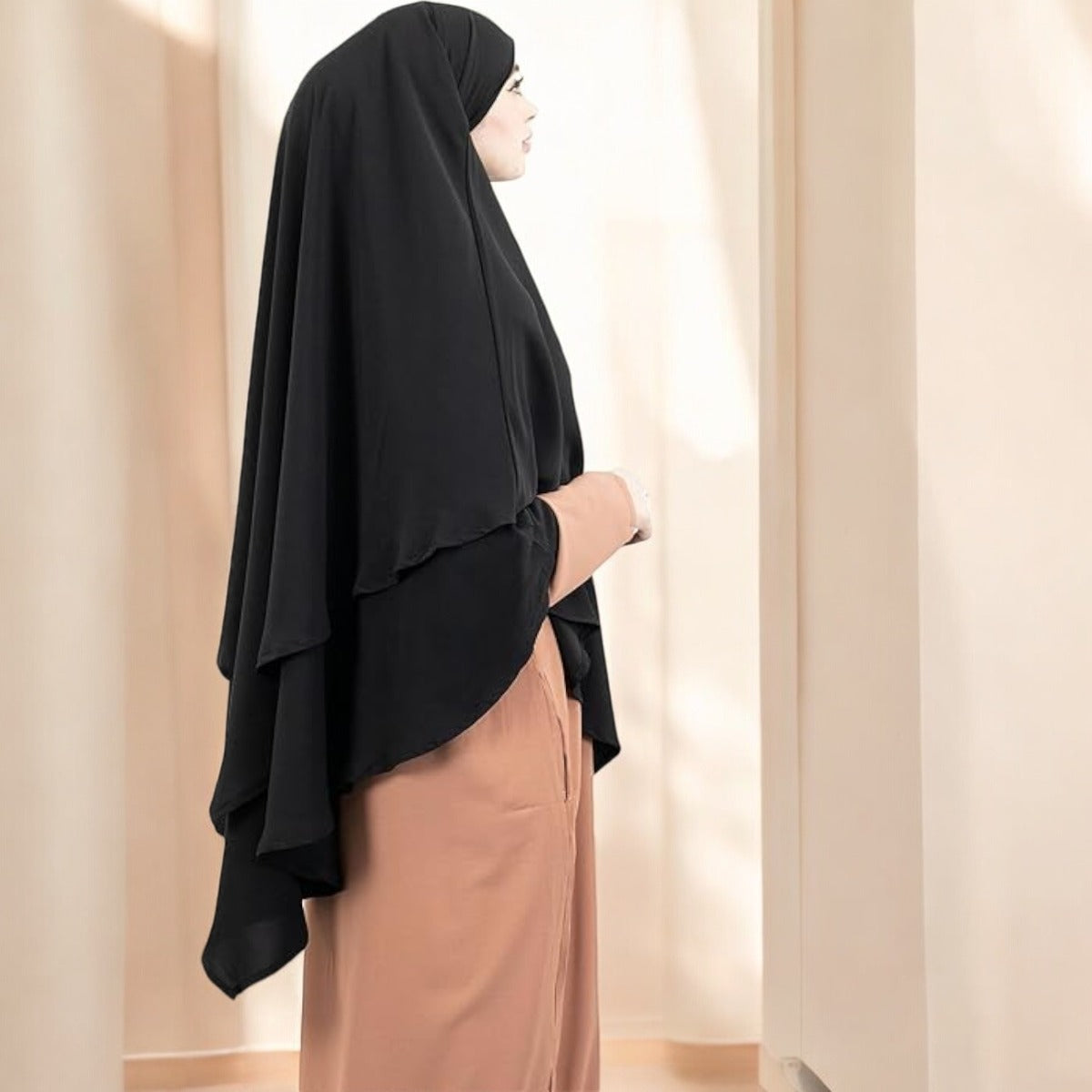 Bashariya Black Color Two-Layer Triangle Prayer Hijab cum Naqab | Ready-to-Wear with Tie-Back Design in Firdaus Matte Finish Fabric