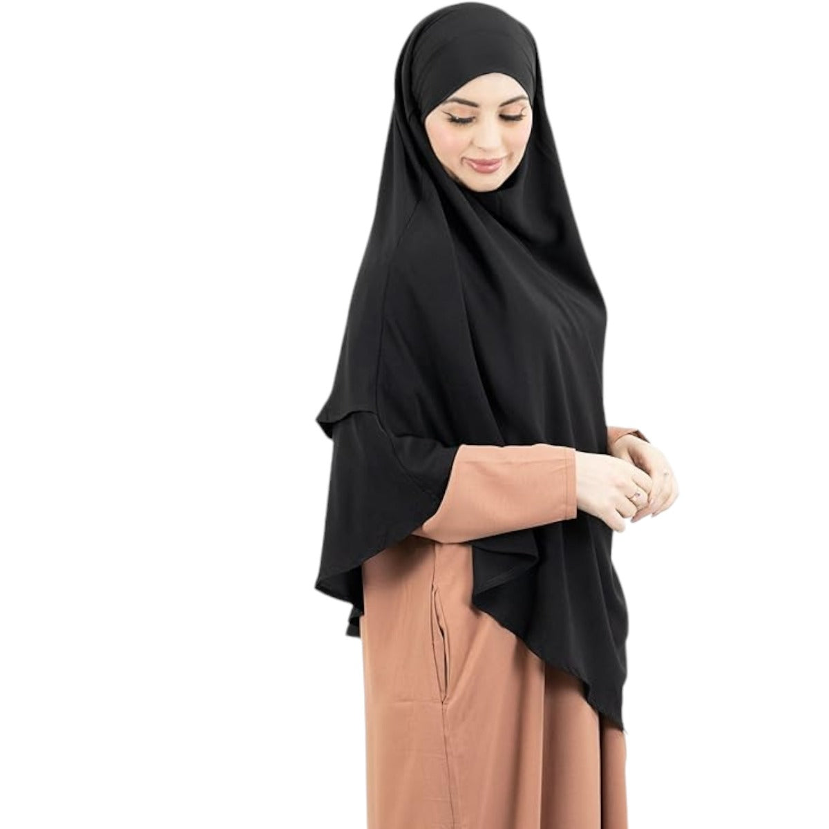 Bashariya Black Color Two-Layer Triangle Prayer Hijab cum Naqab | Ready-to-Wear with Tie-Back Design in Firdaus Matte Finish Fabric