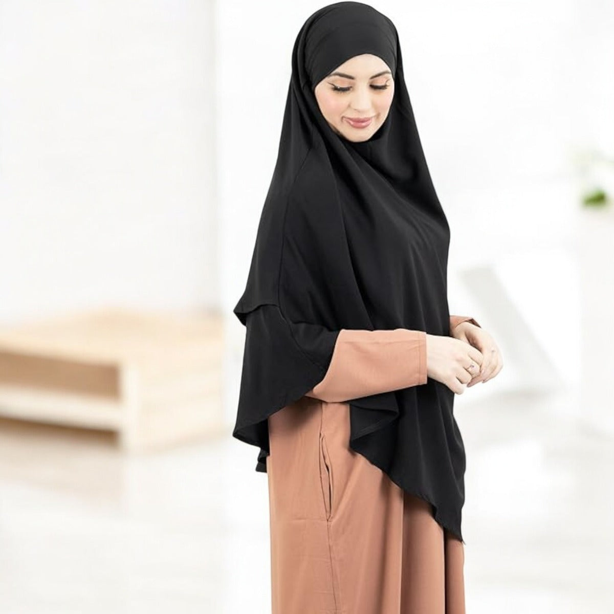 Bashariya Black Color Two-Layer Triangle Prayer Hijab cum Naqab | Ready-to-Wear with Tie-Back Design in Firdaus Matte Finish Fabric