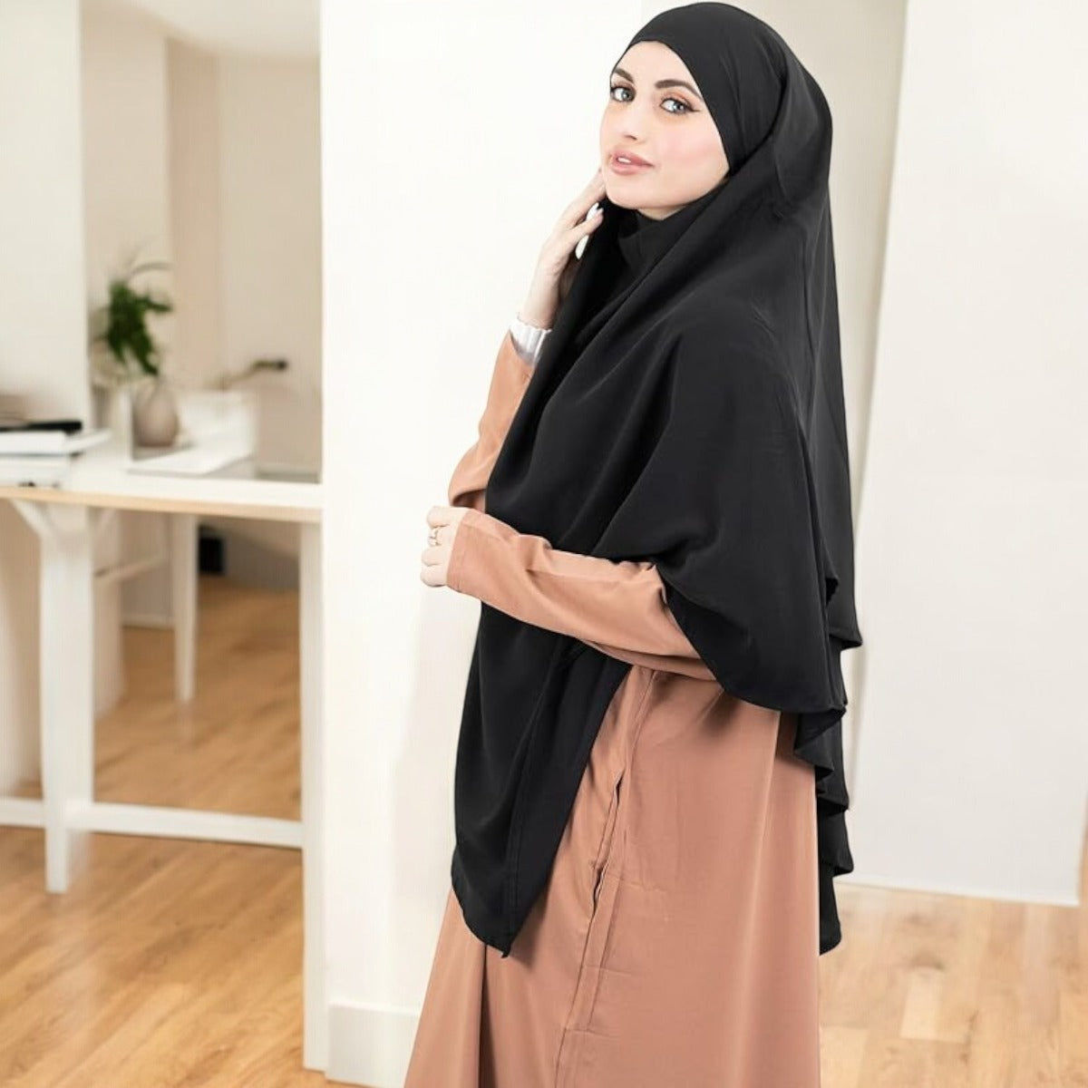 Bashariya Black Color Two-Layer Triangle Prayer Hijab cum Naqab | Ready-to-Wear with Tie-Back Design in Firdaus Matte Finish Fabric