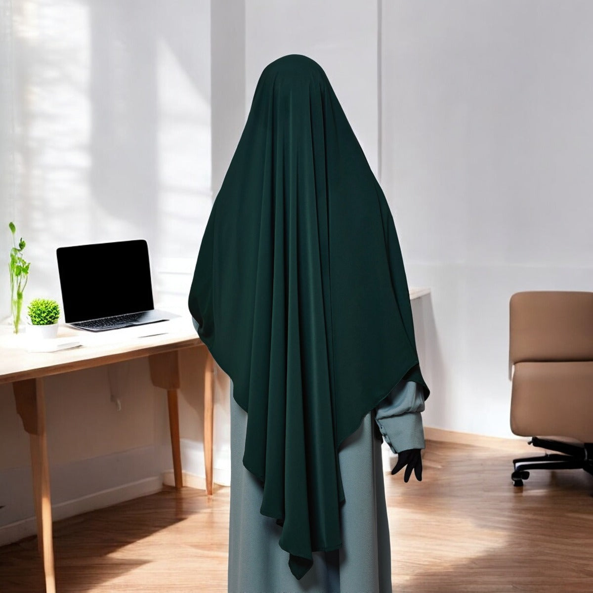 Bashariya Green Color Two-Layer Triangle Prayer Khimar hijab with Attached Mouthpiece
