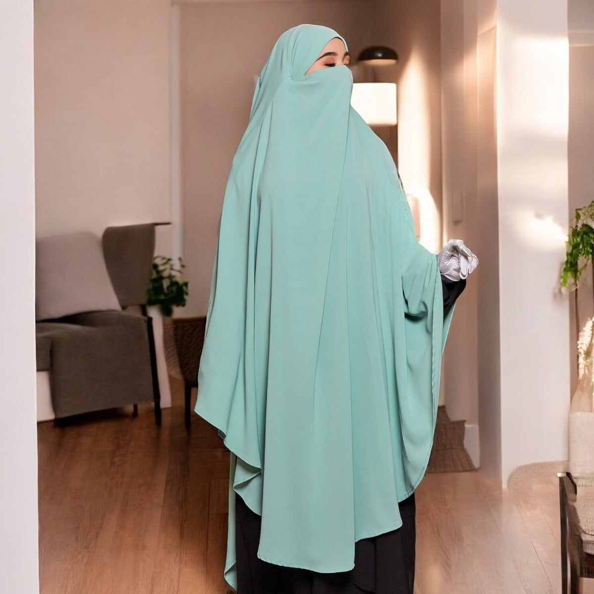 Bashariya Sky Blue Color Long Prayer Khimar hijab with Attached Mouthpiece