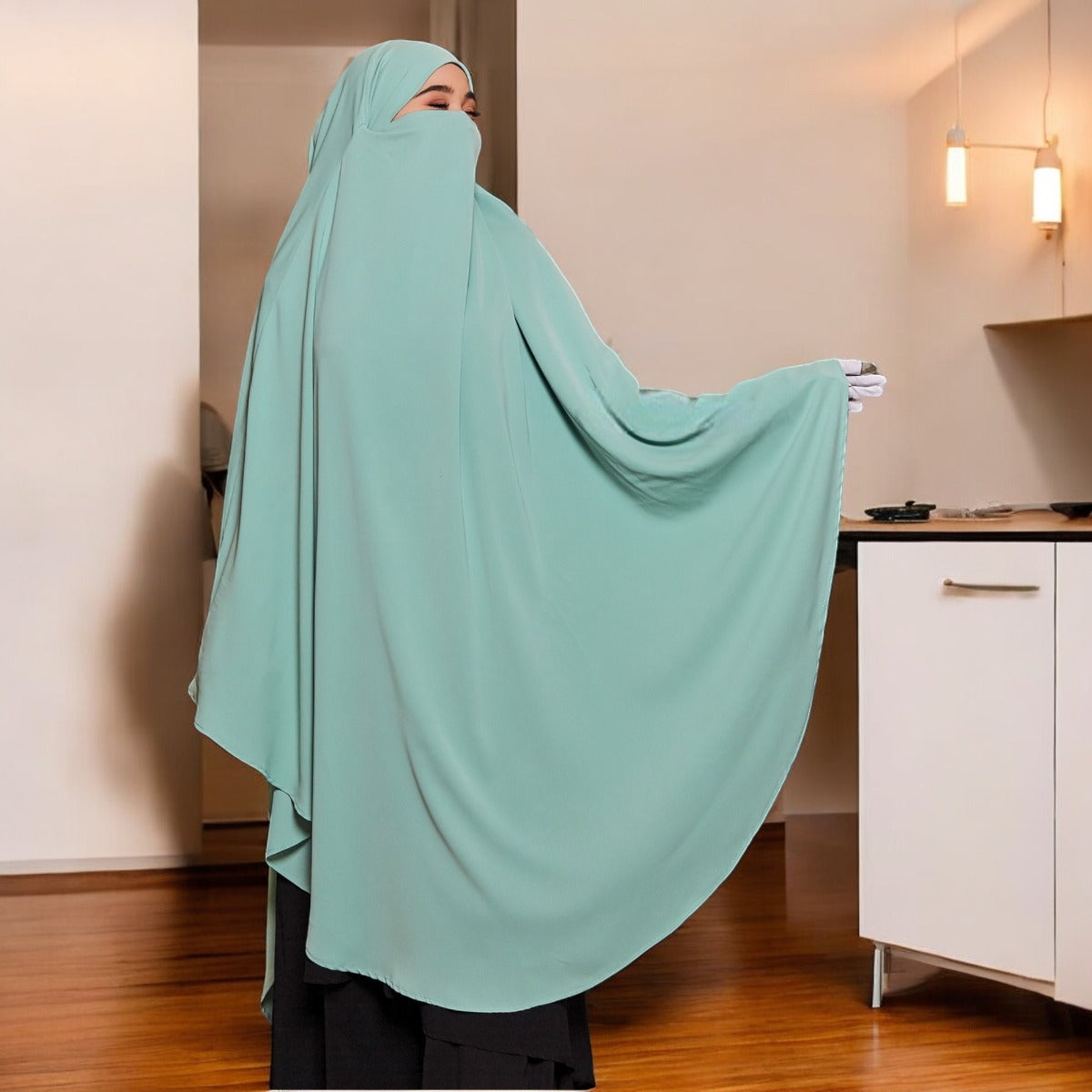 Bashariya Sky Blue Color Long Prayer Khimar hijab with Attached Mouthpiece