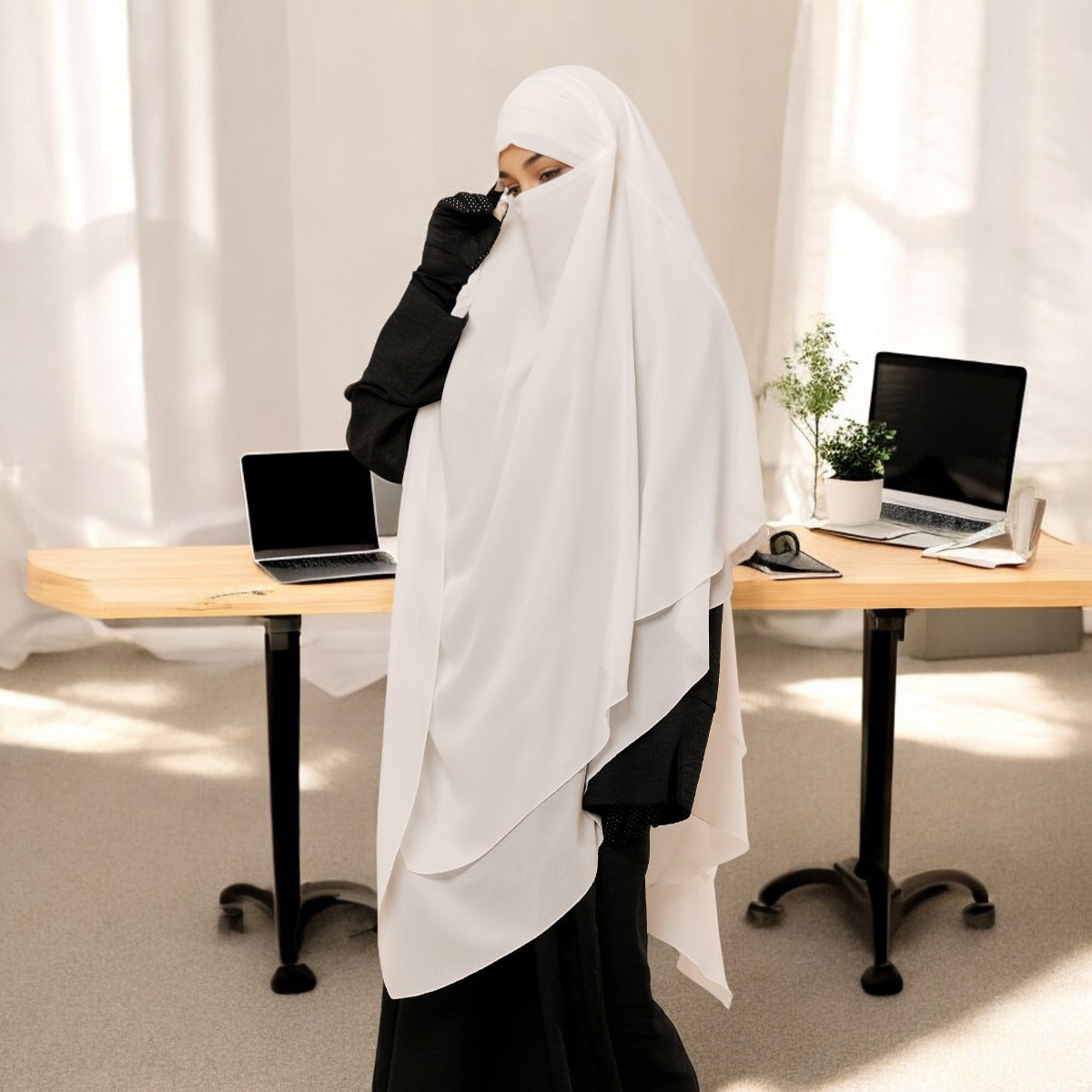 Bashariya White Color Three-Layer Triangular Long Prayer Khimar Hijab with Attached Mouthpiece