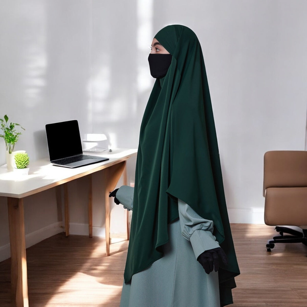 Bashariya Green Color Two-Layer Triangle Prayer Khimar hijab with Attached Mouthpiece