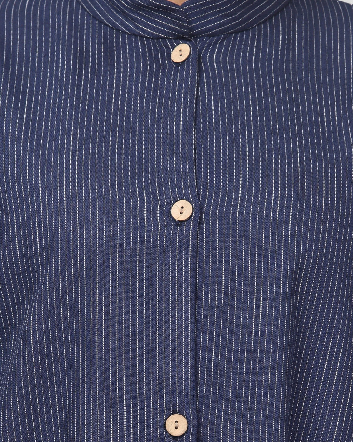 Front-Open Striped Cotton Abaya Shirt with Mandarin Collar
