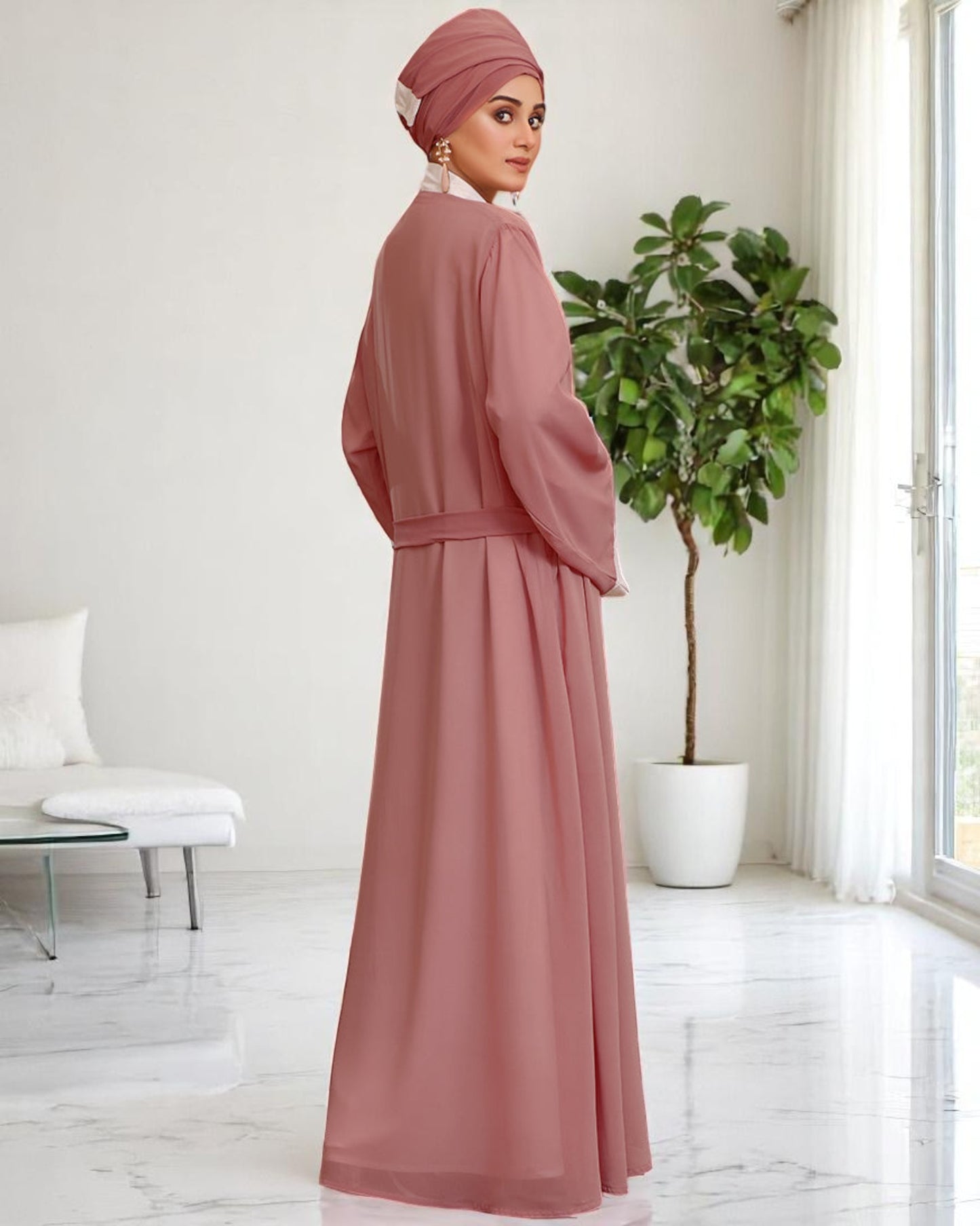 Elegant Three Piece Set Abaya with White Nida Satin Inner, Georgette Open Shrug, and Matching Hijab