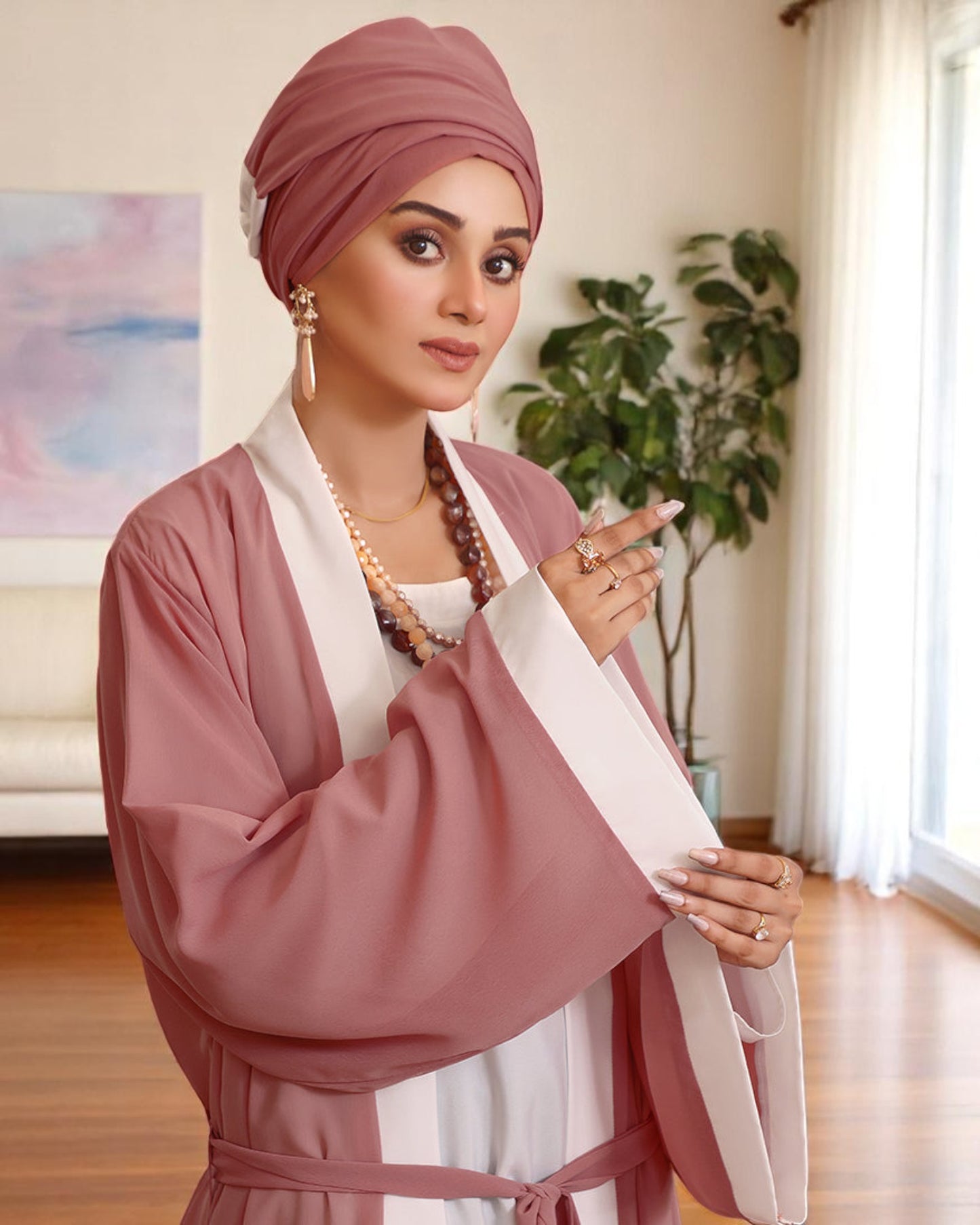 Elegant Three Piece Set Abaya with White Nida Satin Inner, Georgette Open Shrug, and Matching Hijab
