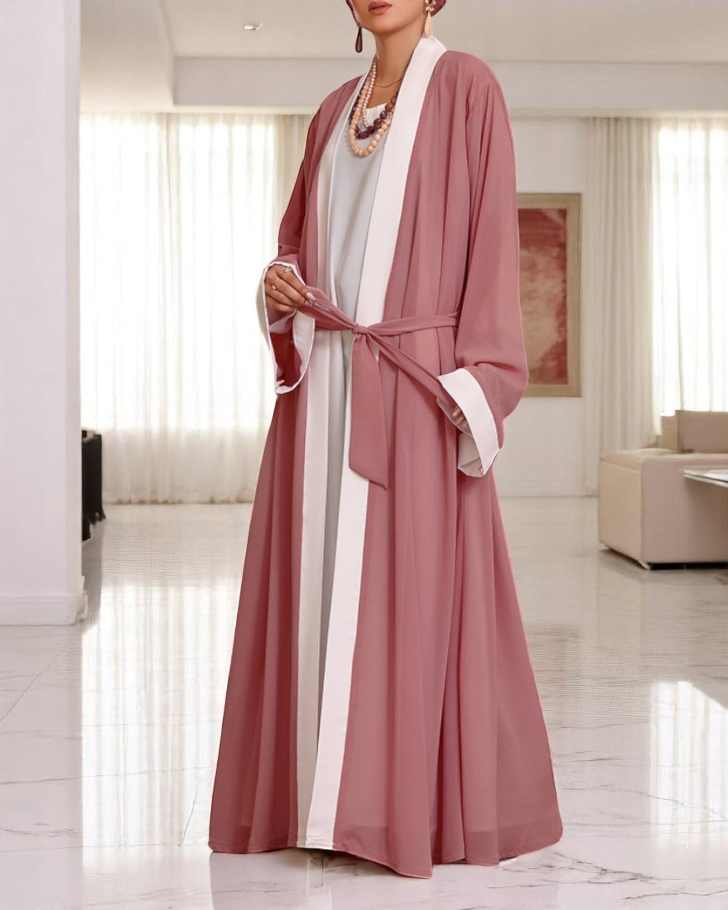Elegant Three Piece Set Abaya with White Nida Satin Inner, Georgette Open Shrug, and Matching Hijab