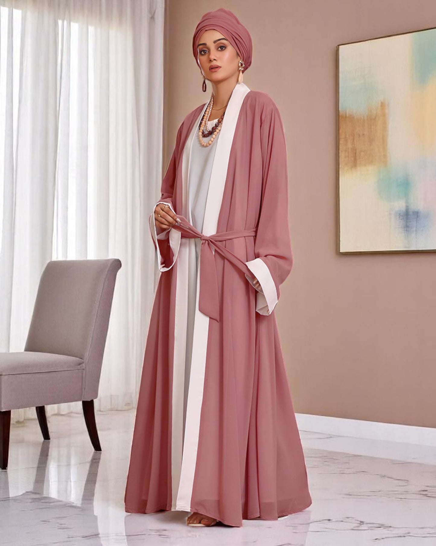 Elegant Three Piece Set Abaya with White Nida Satin Inner, Georgette Open Shrug, and Matching Hijab