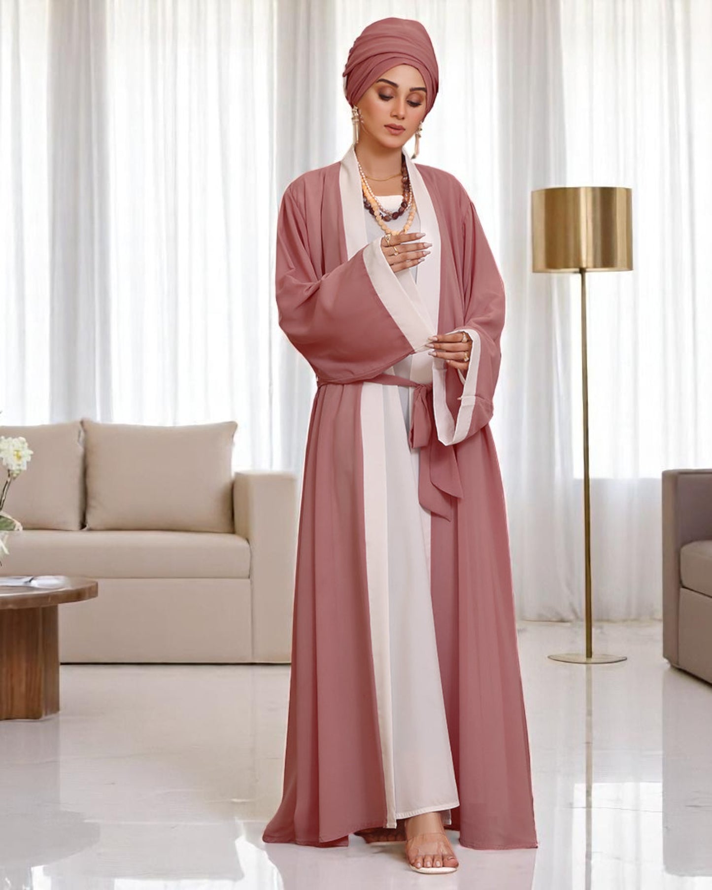 Elegant Three Piece Set Abaya with White Nida Satin Inner, Georgette Open Shrug, and Matching Hijab