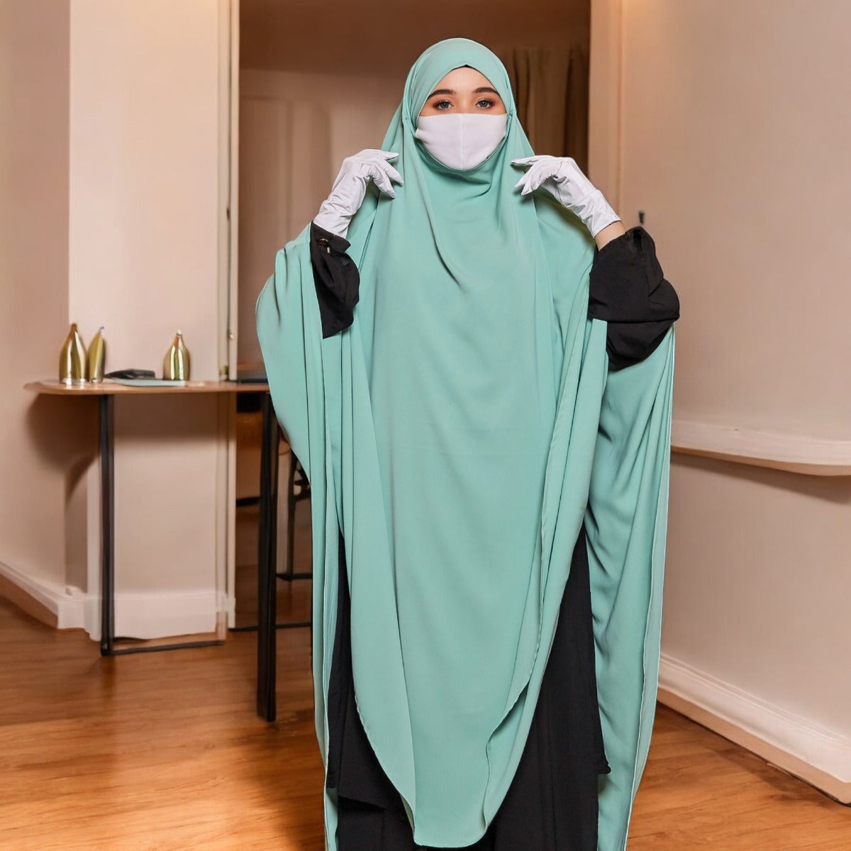 Bashariya Sky Blue Color Long Prayer Khimar hijab with Attached Mouthpiece