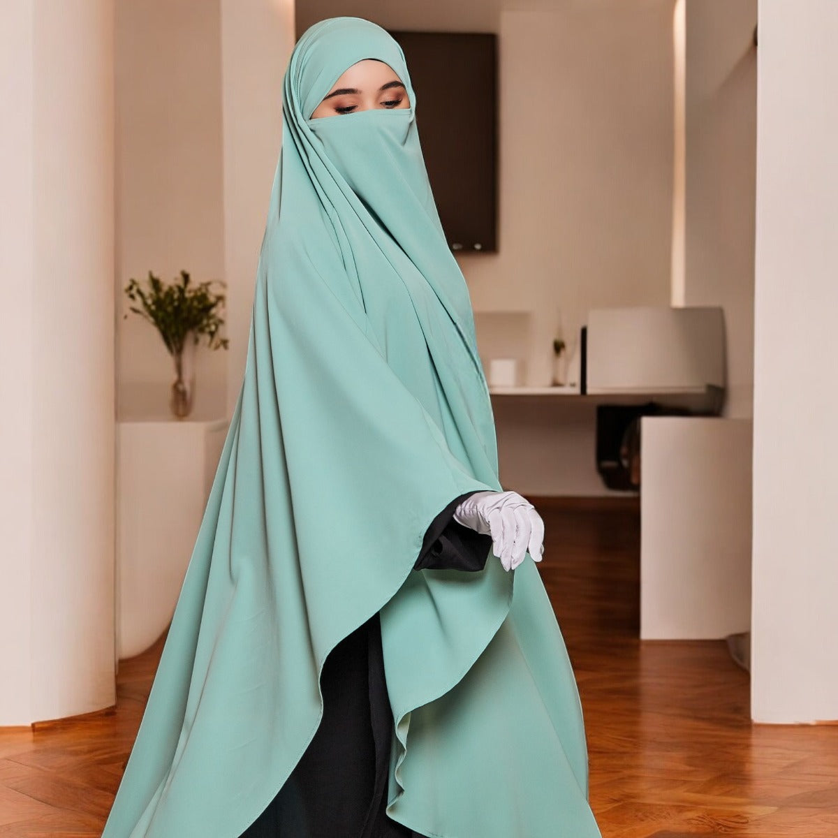 Bashariya Sky Blue Color Long Prayer Khimar hijab with Attached Mouthpiece