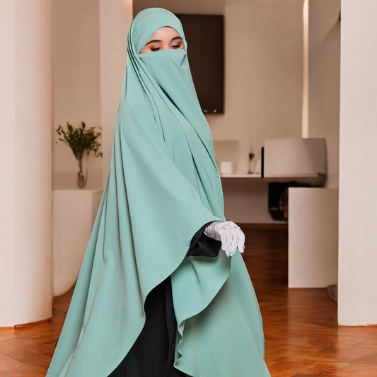 Bashariya Sky Blue Color Long Prayer Khimar hijab with Attached Mouthpiece